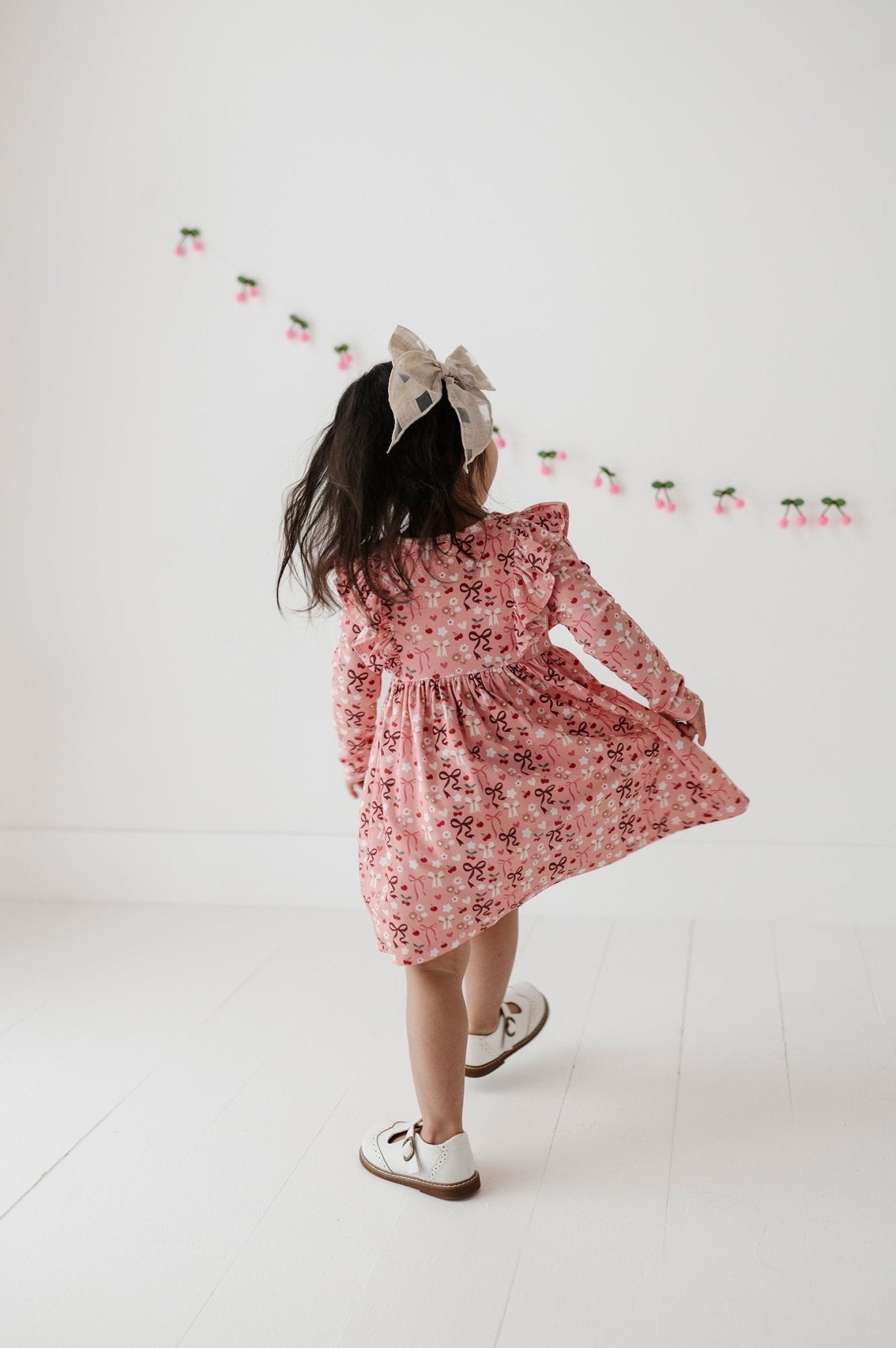 Girls Long Sleeve Ruffle Dress In Cherry Hearts
