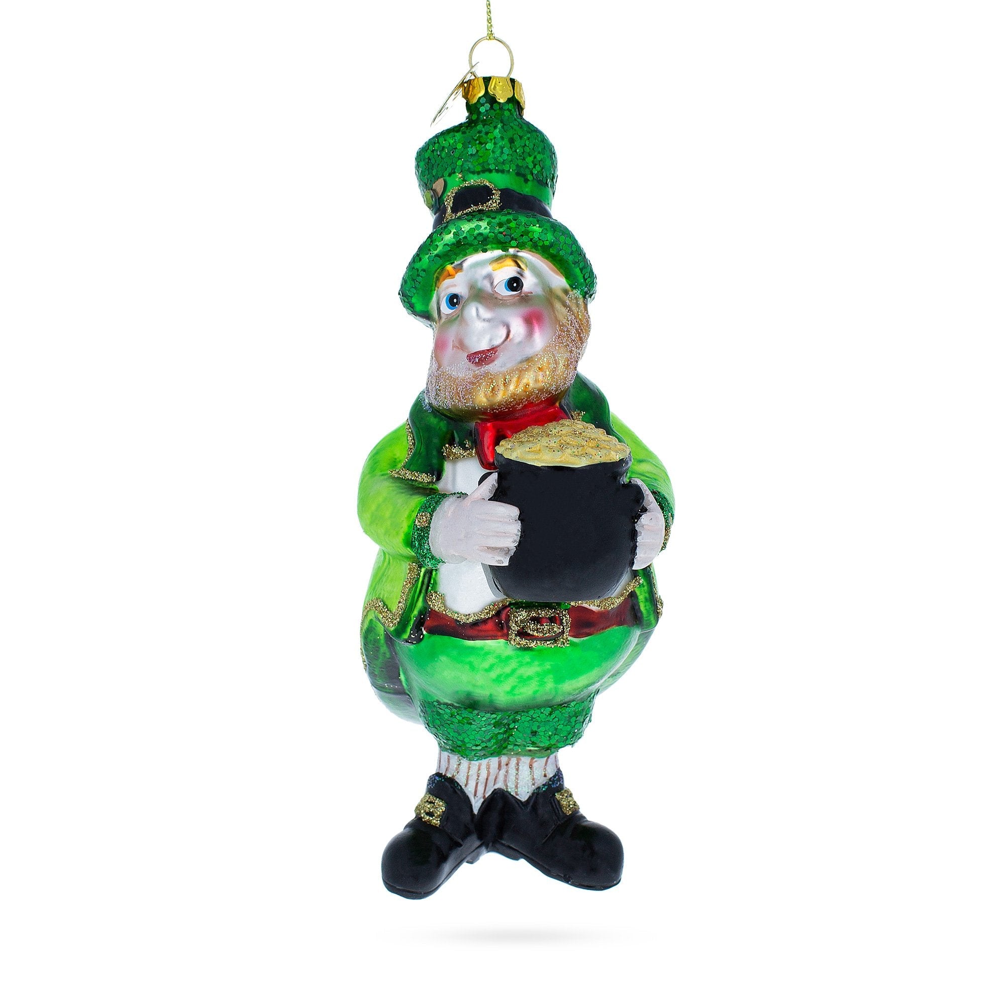 Lucky Leprechaun With Pot Of Gold - Blown Glass Christmas Ornament