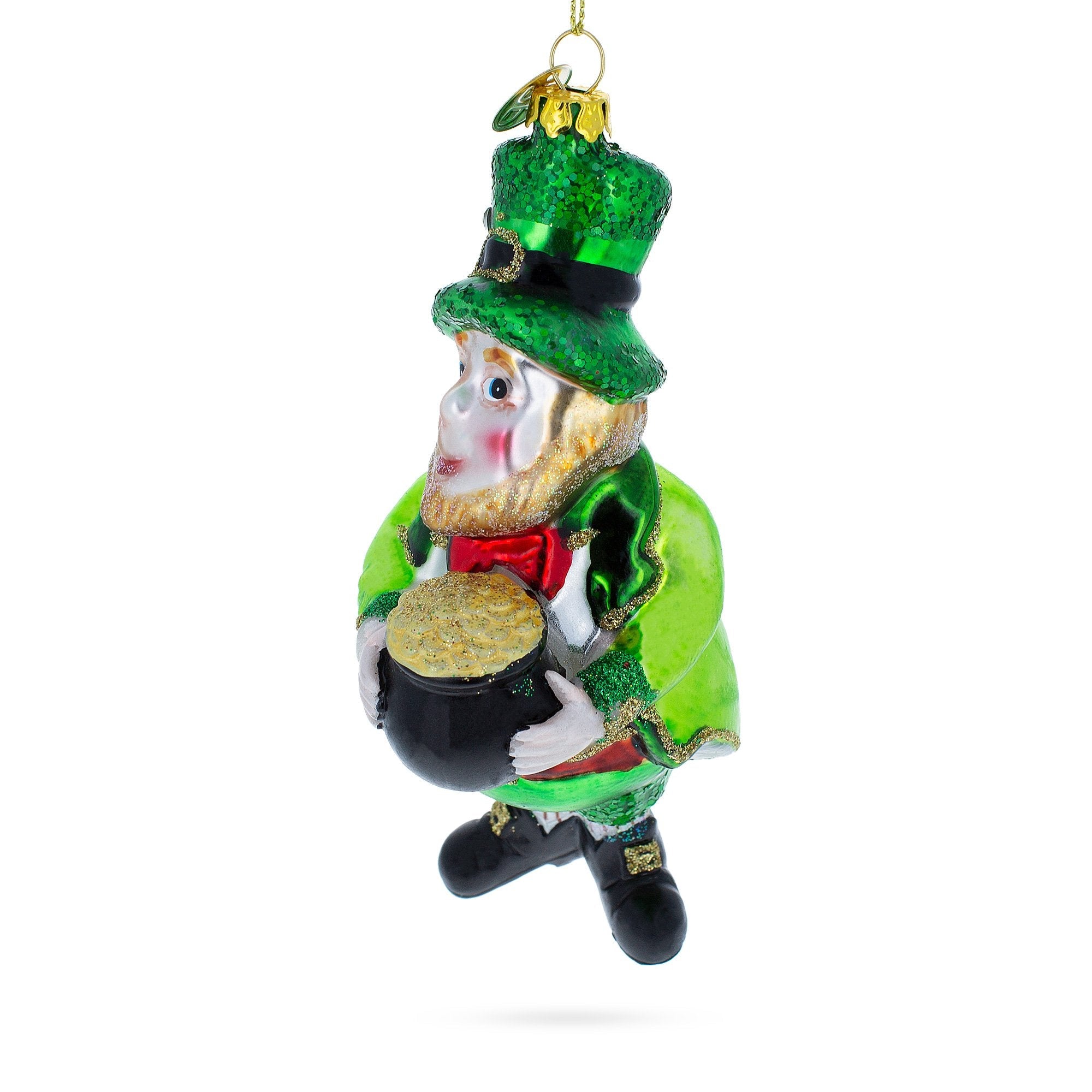 Lucky Leprechaun With Pot Of Gold - Blown Glass Christmas Ornament