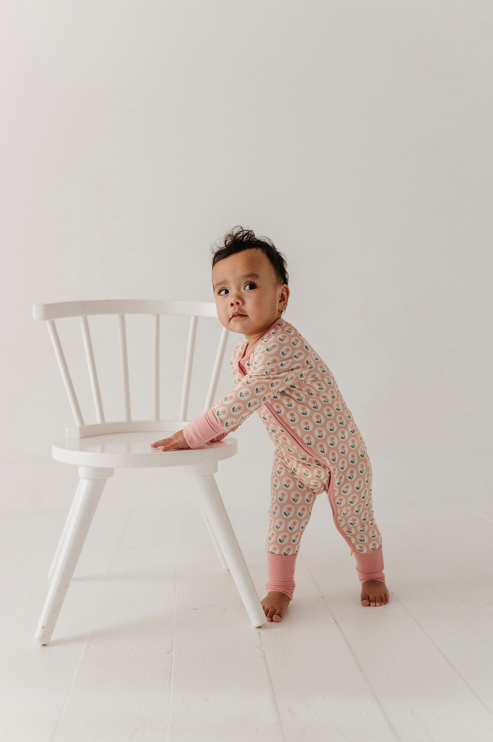Baby Girl Sleeve Zip Romper In Framed Flower