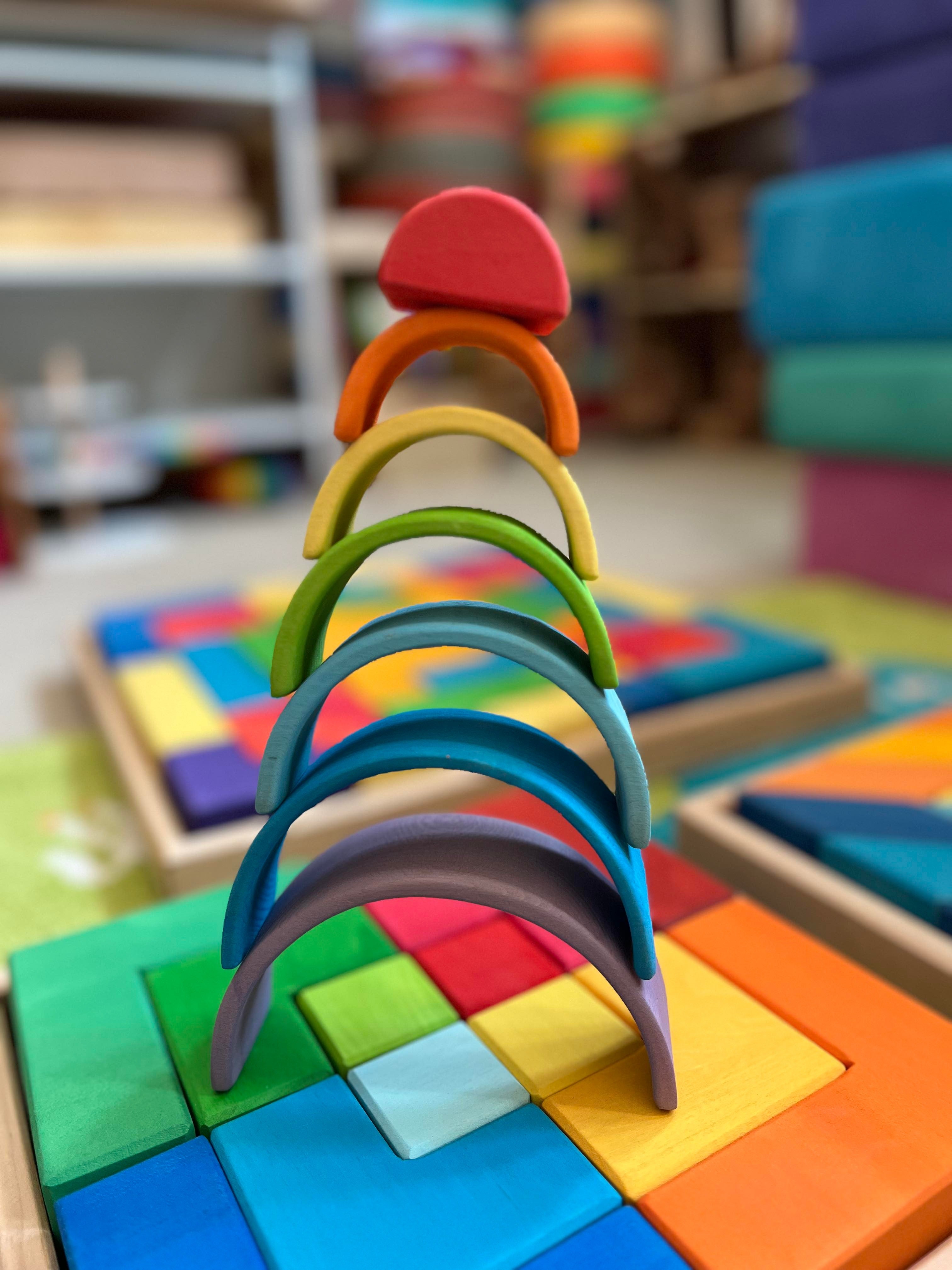 7 Pcs Stained Mini Wooden Rainbow Stacker In Stained Purple Sunset Color