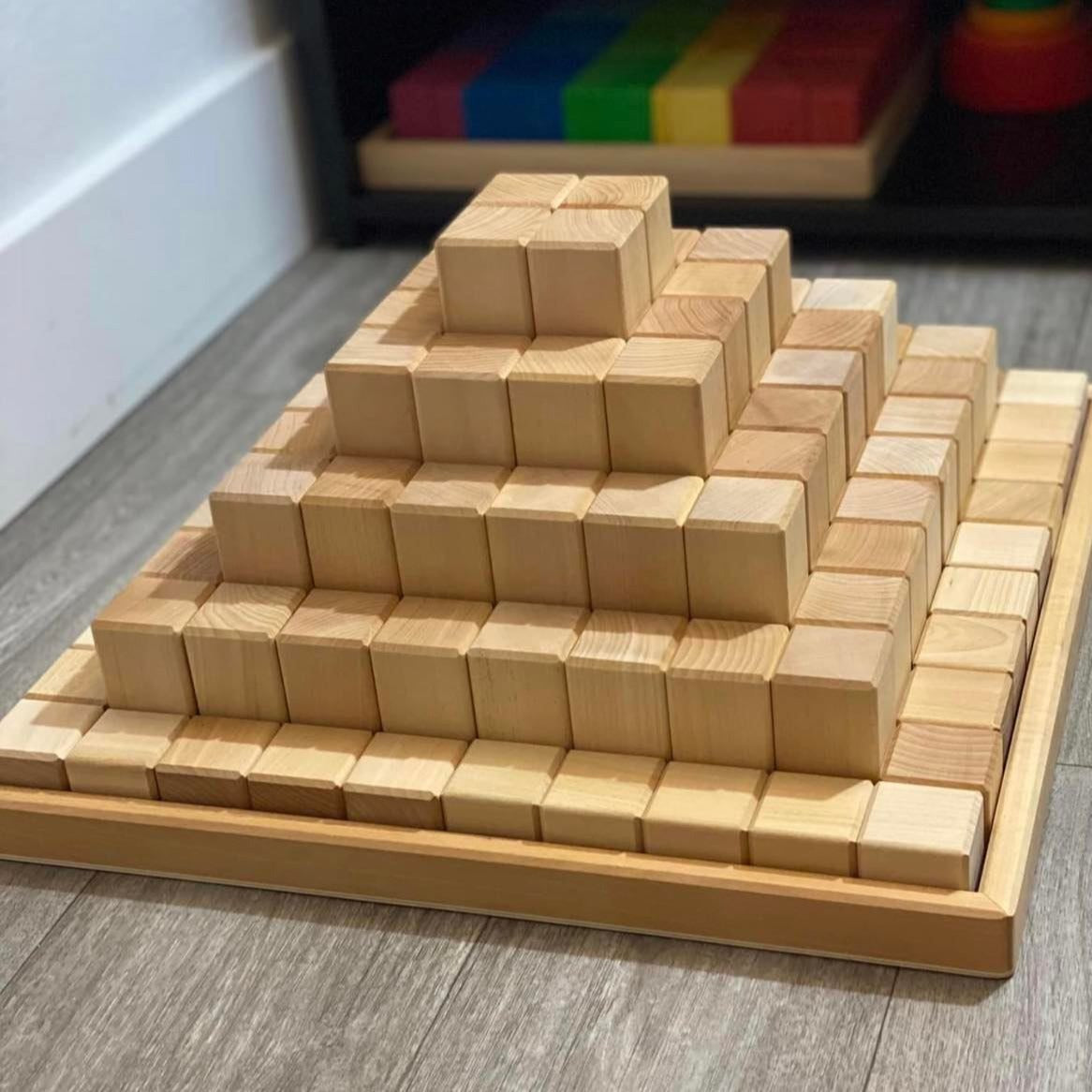 100 Pcs Large Natural Stepped Pyramid Wooden Stacking Building Blocks