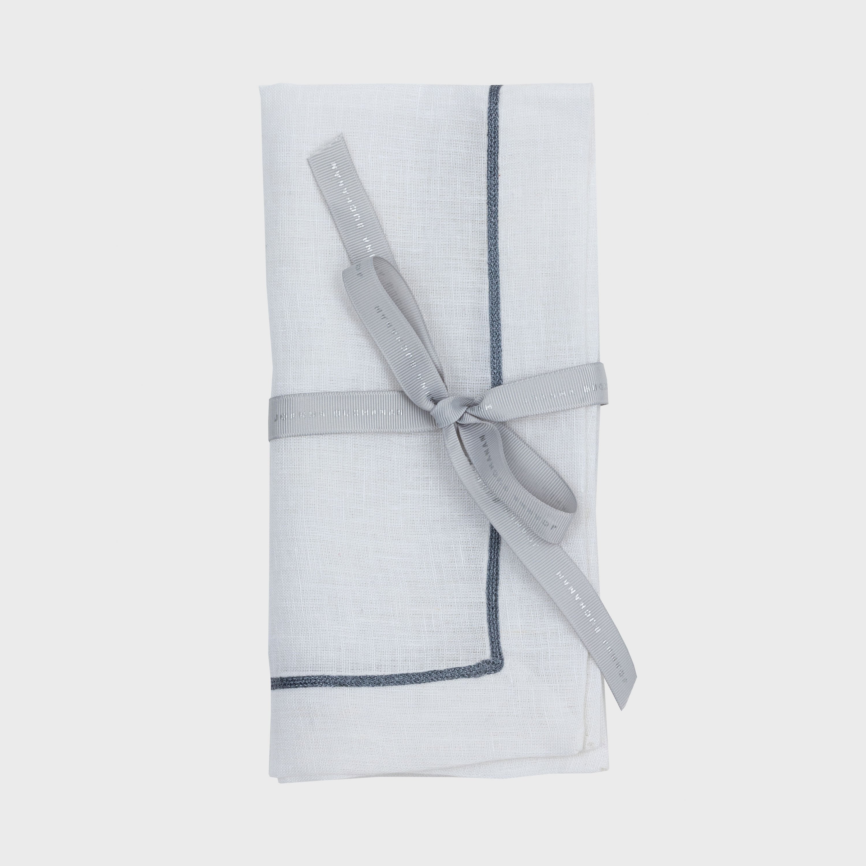 Gunmetal Trim Linen Dinner Napkins, White, Set Of Two