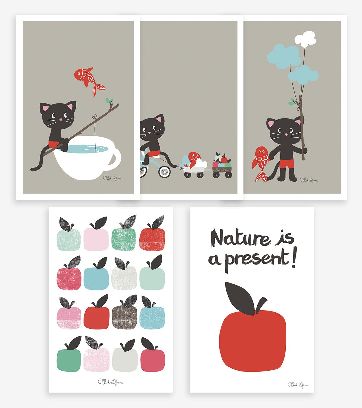 MOKA & POM - Decorative cards - Cats and fish (set of 5)