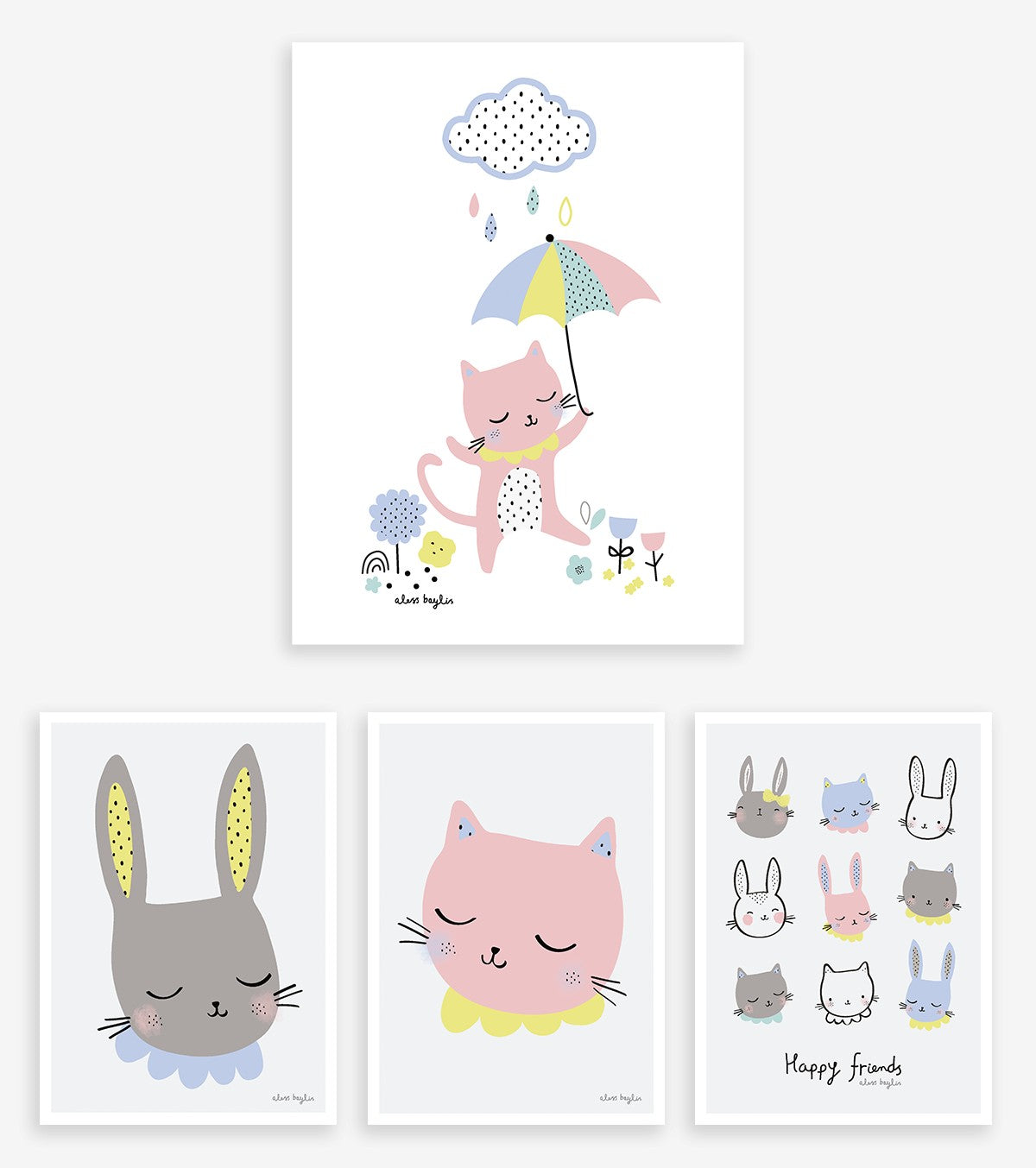 HAPPY CLOUDS - Set Art prints - Cats and rabbits (set of 5)