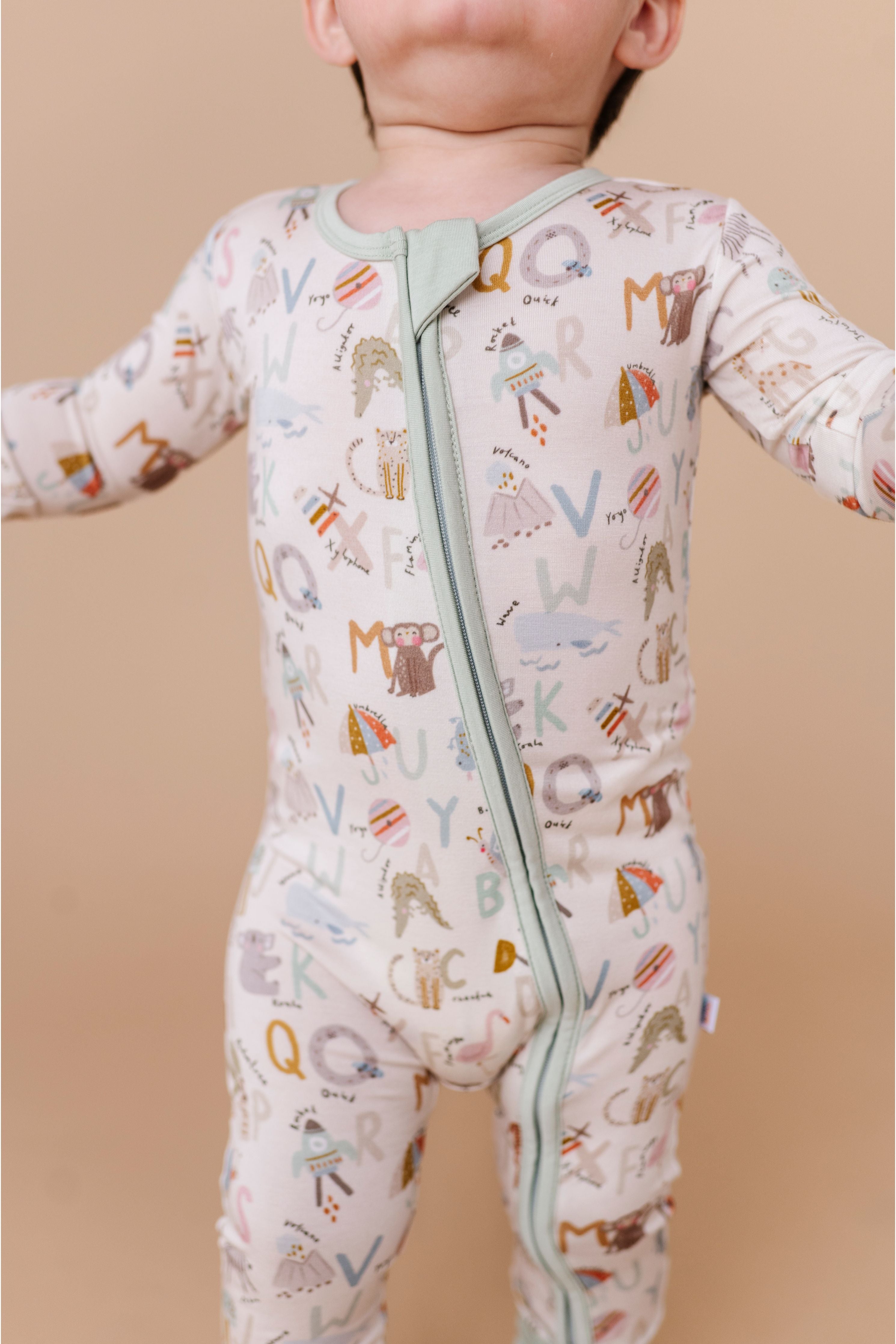 Bamboo One Piece Zip Pajama - Animal Abc