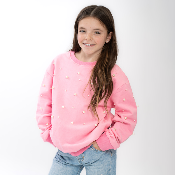Tweenstyle By Stoopher - Pink Crewneck Sweatshrt With Scattered Pearls
