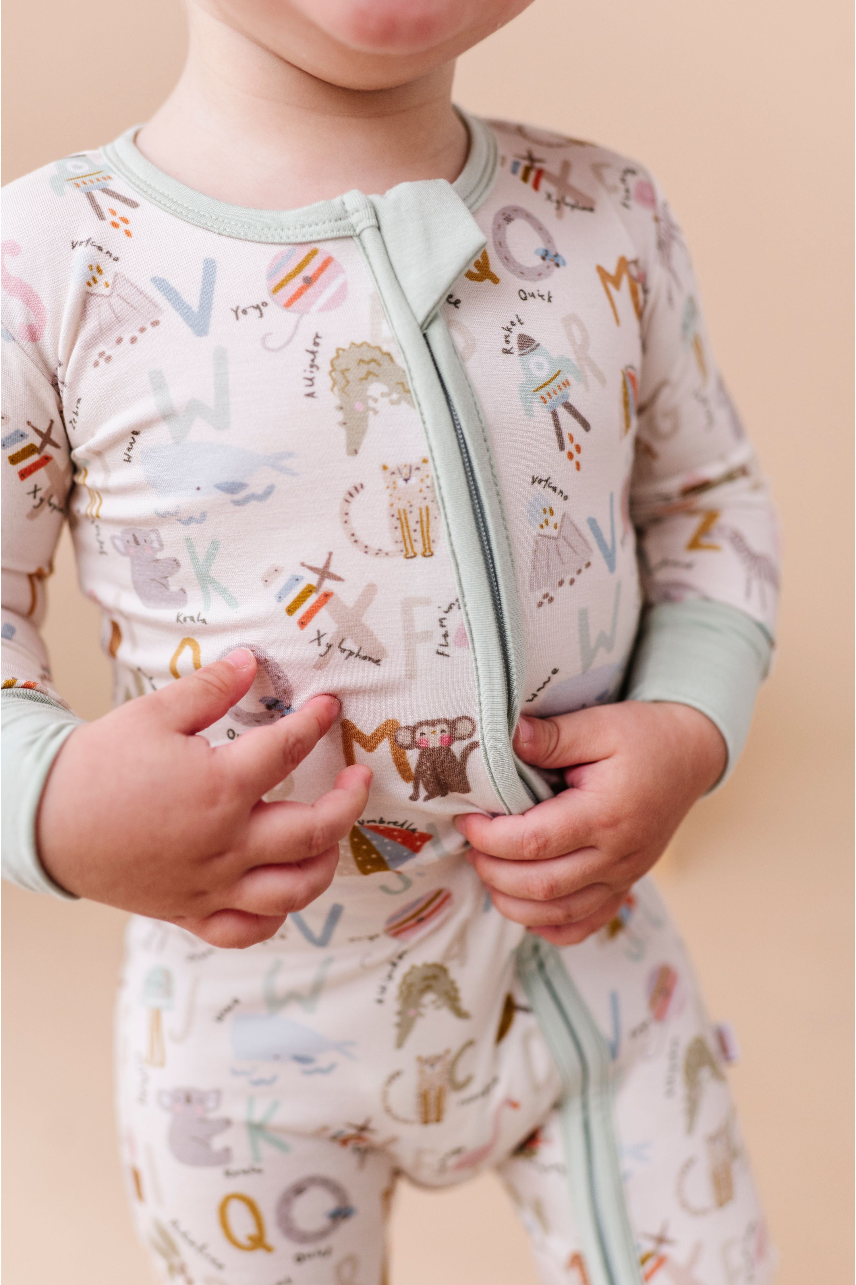 Bamboo One Piece Zip Pajama - Animal Abc