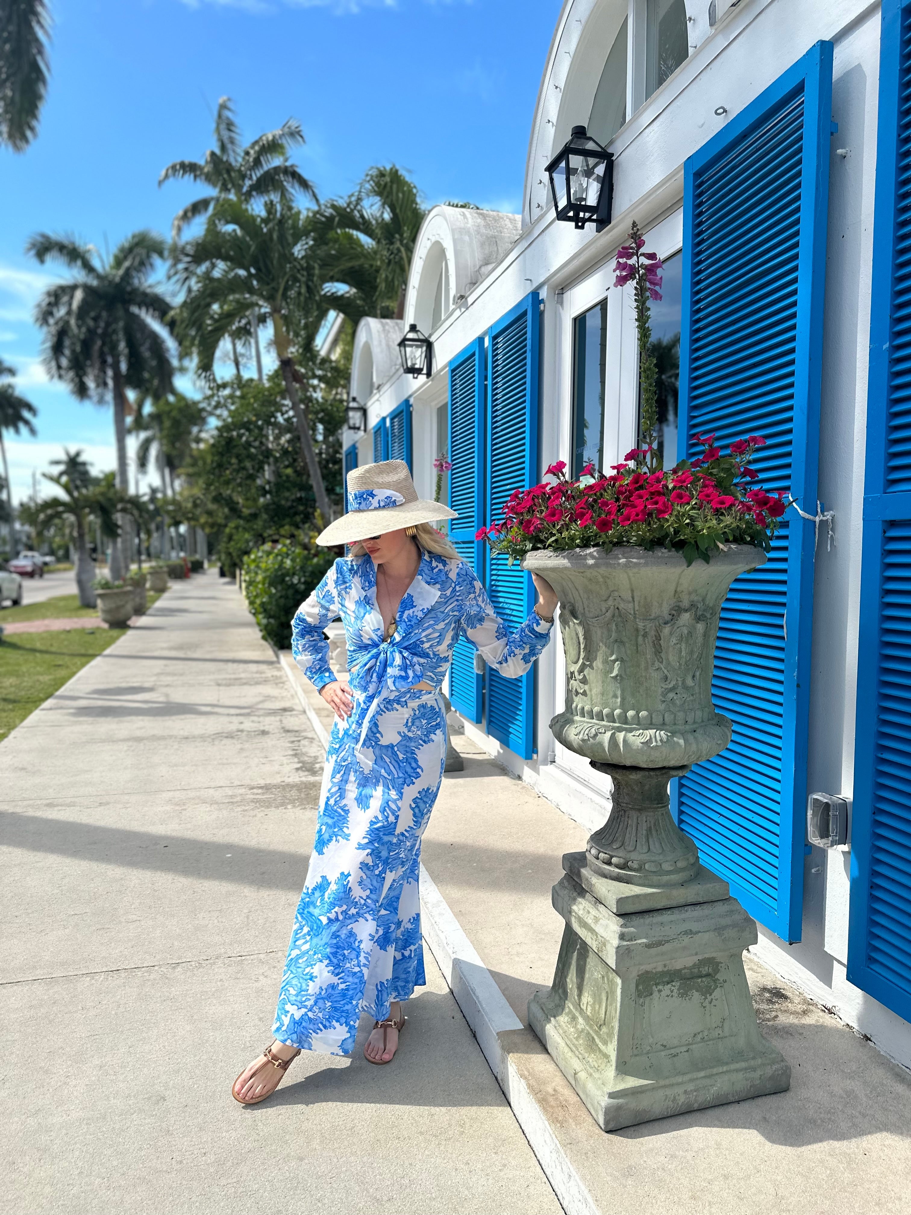 Hollyhock Sun Hat -  Vintage Azure Garden Rose Long Ribbon