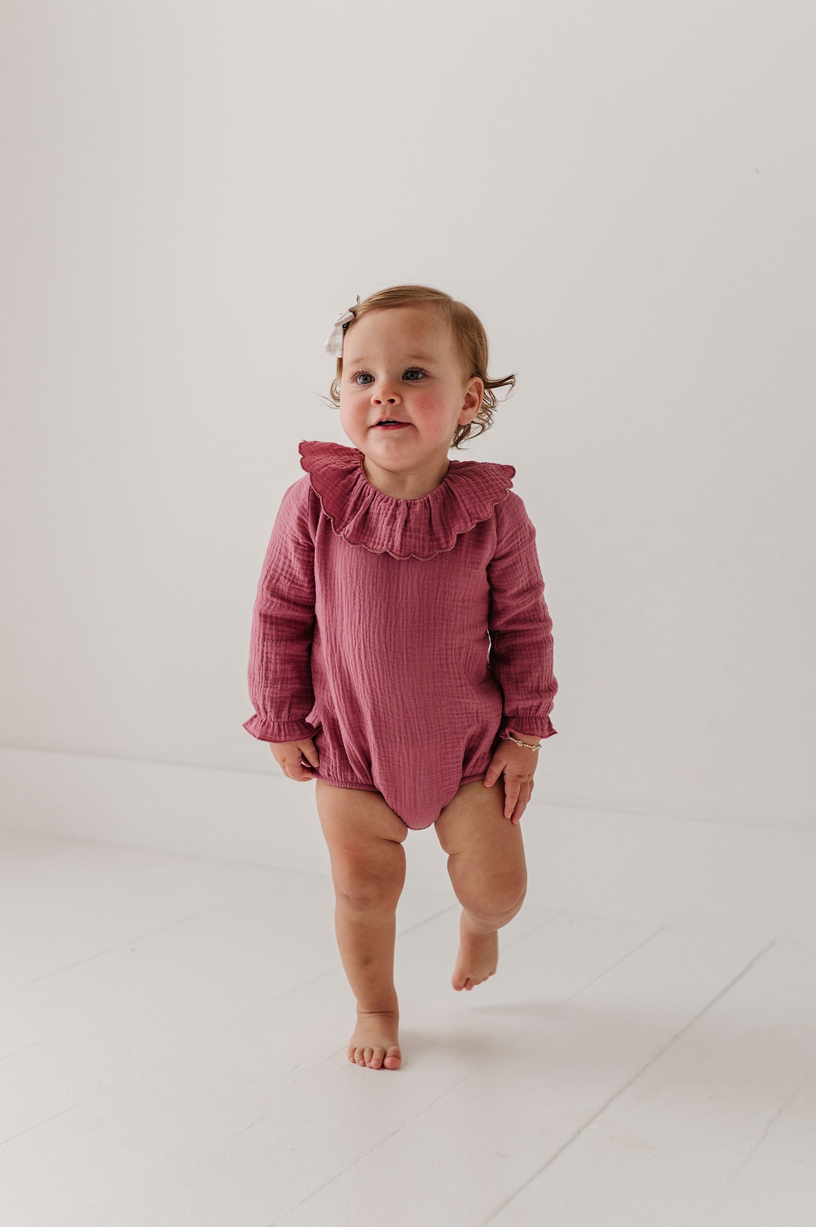 Girls Gauze Frill Neck Bodysuit In Mes Rose