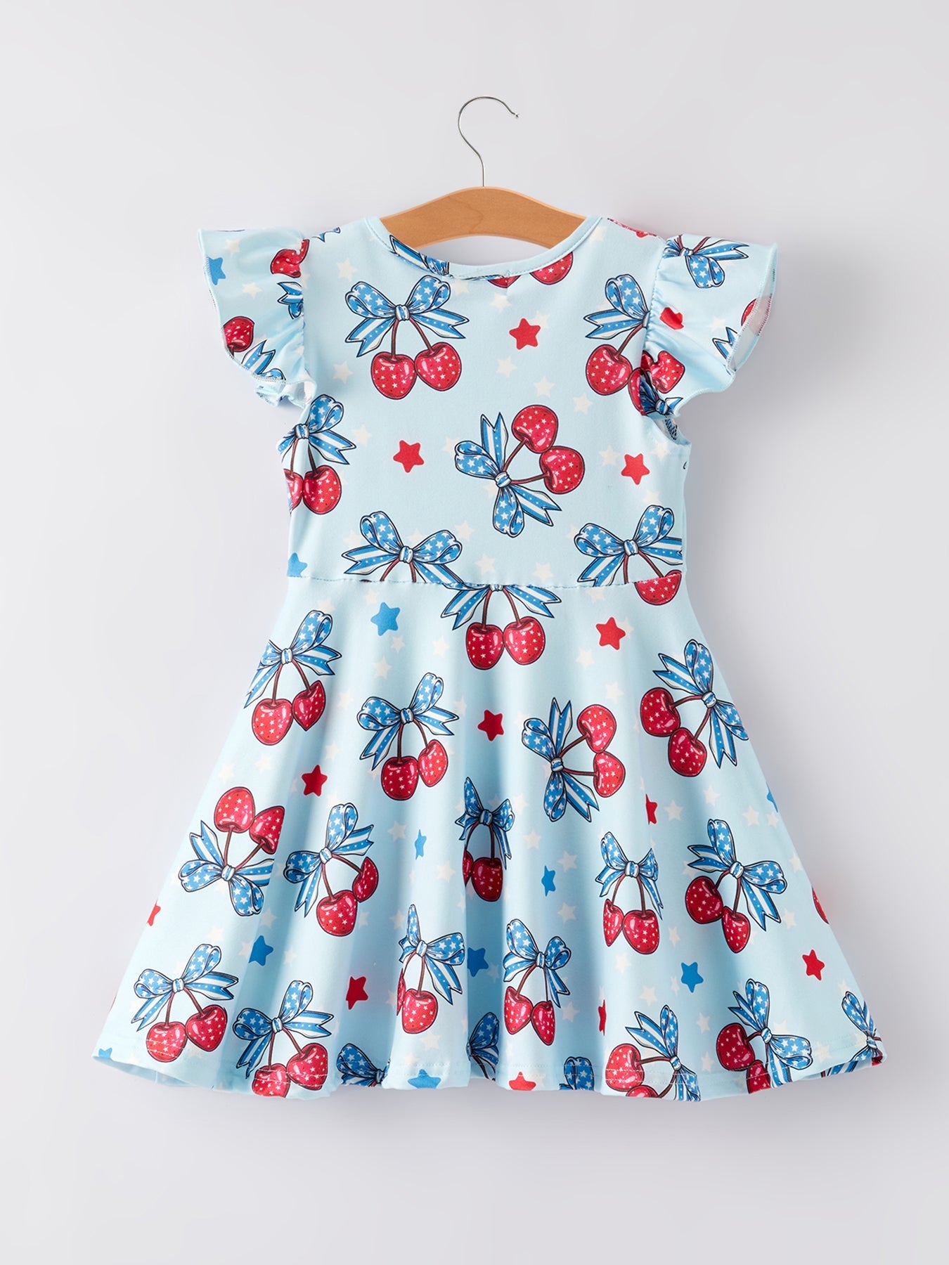 4th Of July Bow Cherry Stars Print Girls Dress