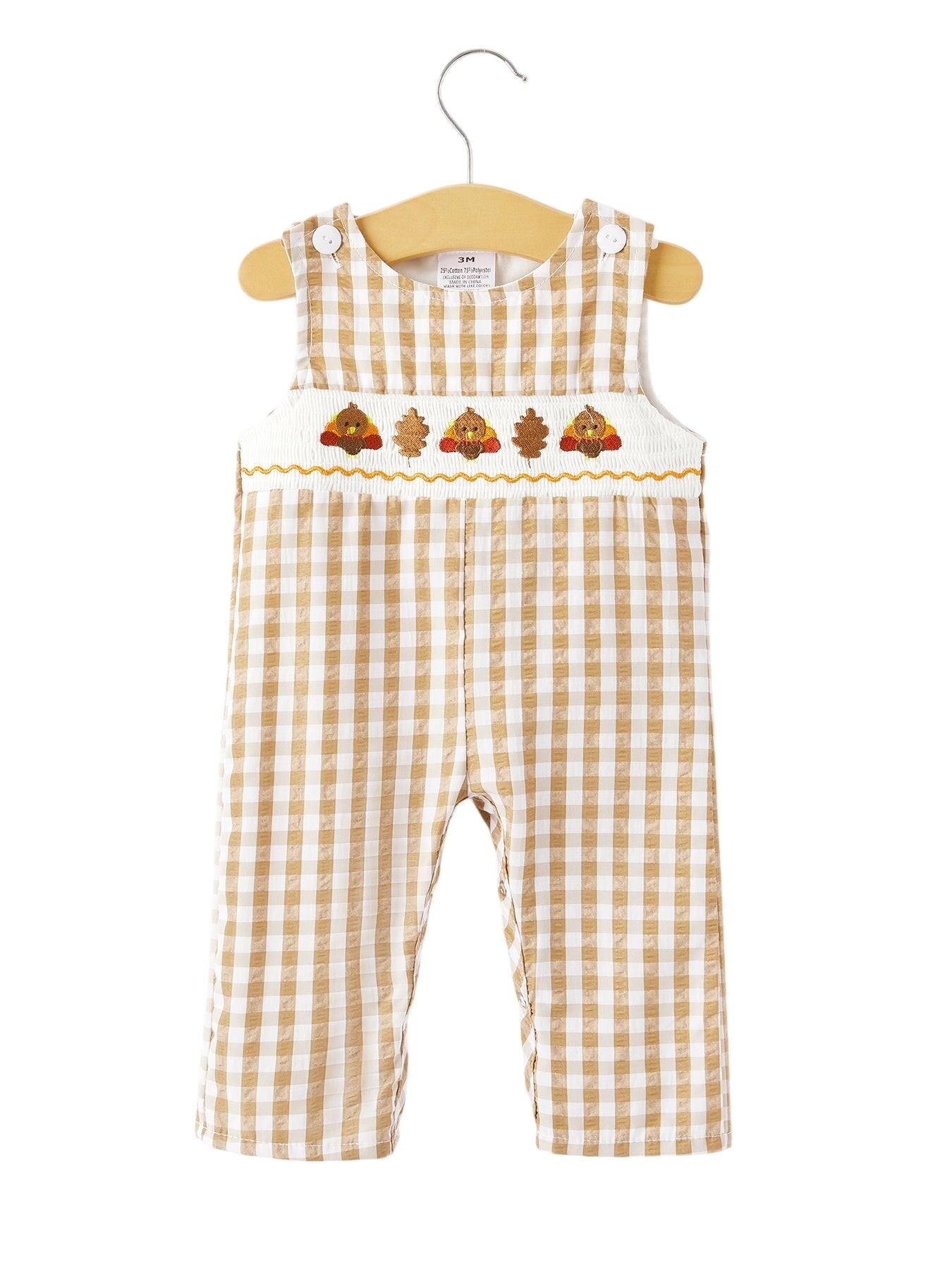 Boys Thanksgiving Smocking Embroidered Brown Plaid Romper