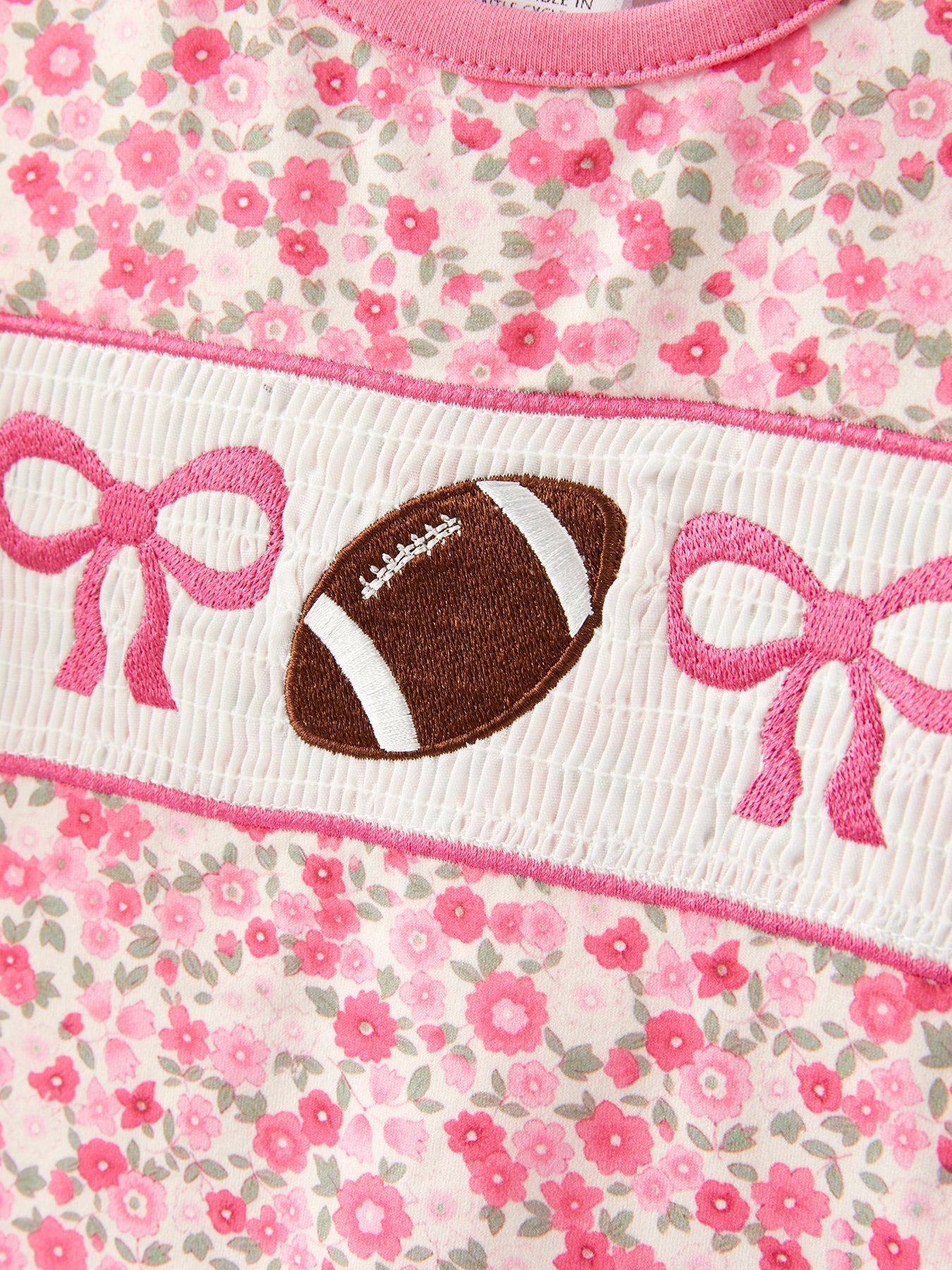 Football Smocking Bow Embroidered Girls Ruffle Pajamas