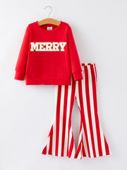 Christmas “merry” Applique Girls Striped Bell-bottom Pants Outfit Set