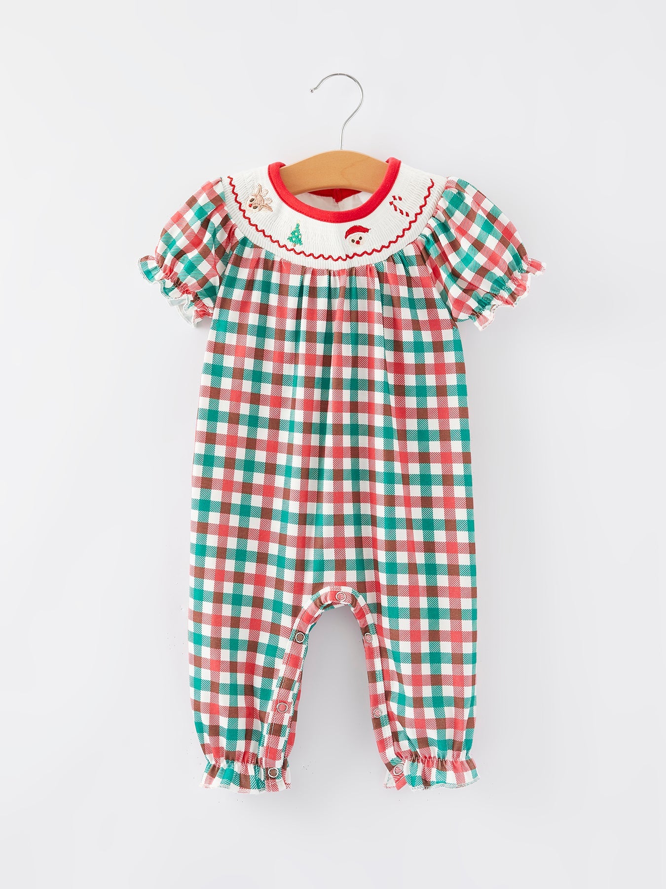 Christmas Plaid Smocking Embroidered Girls Romper