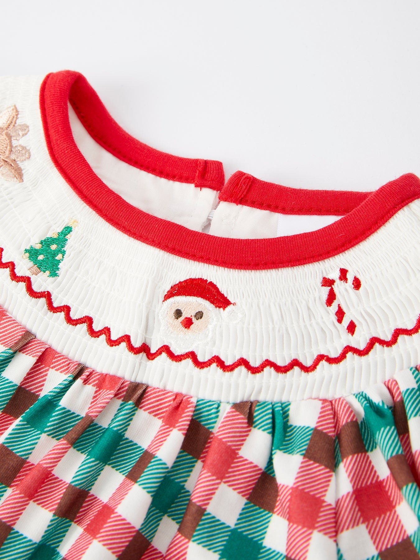 Christmas Plaid Smocking Embroidered Girls Romper