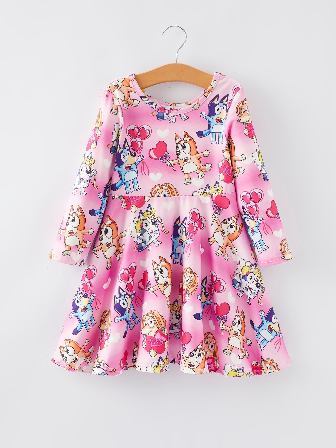 Character Print Pink Girls Long Sleeve Dress