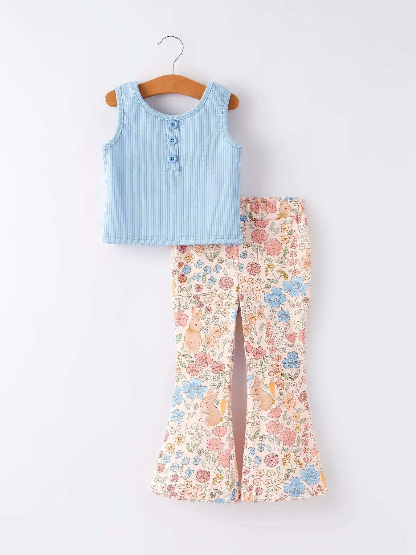 Easter Girls Blue Bunny Floral Print Top Flared Pants Set