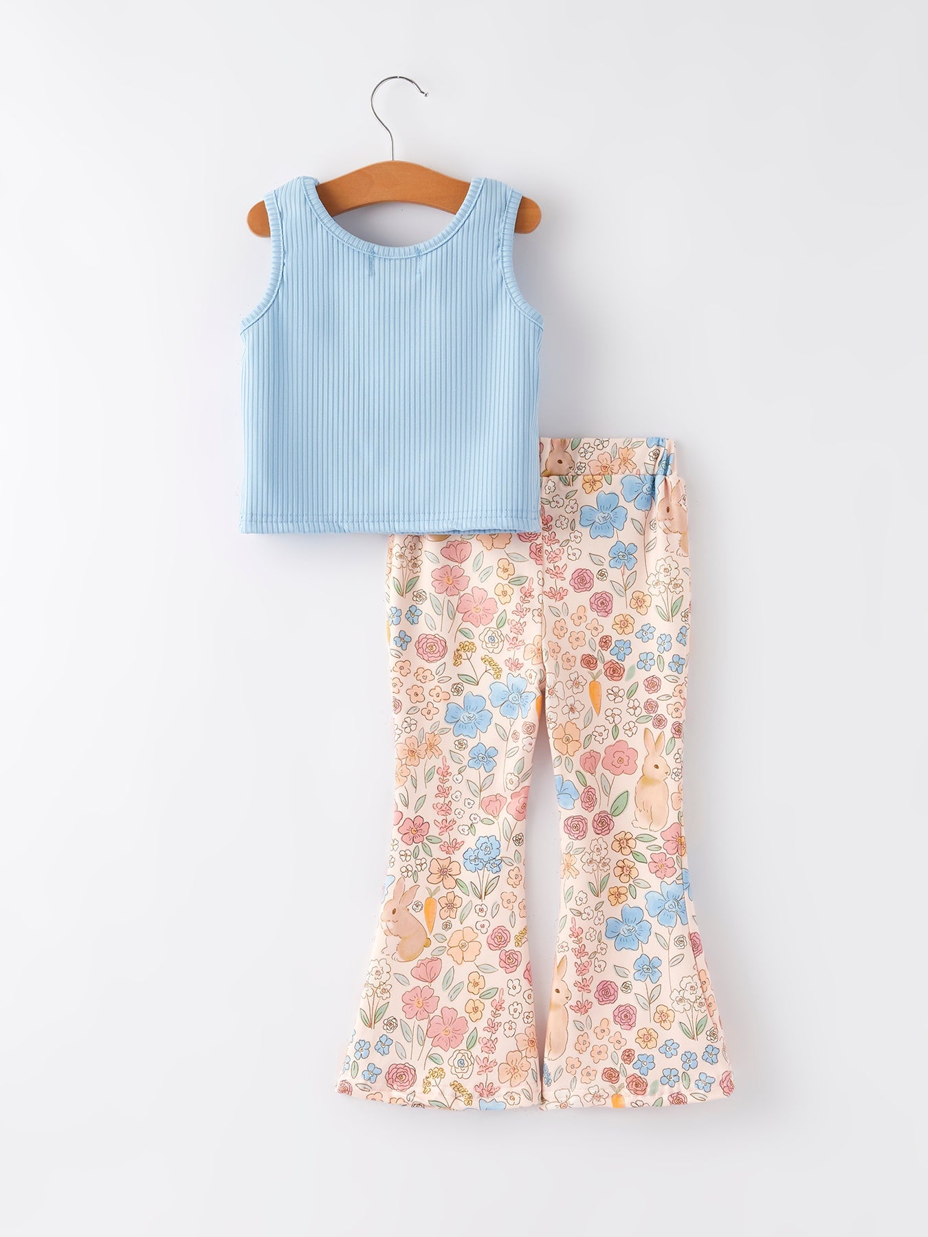 Easter Girls Blue Bunny Floral Print Top Flared Pants Set