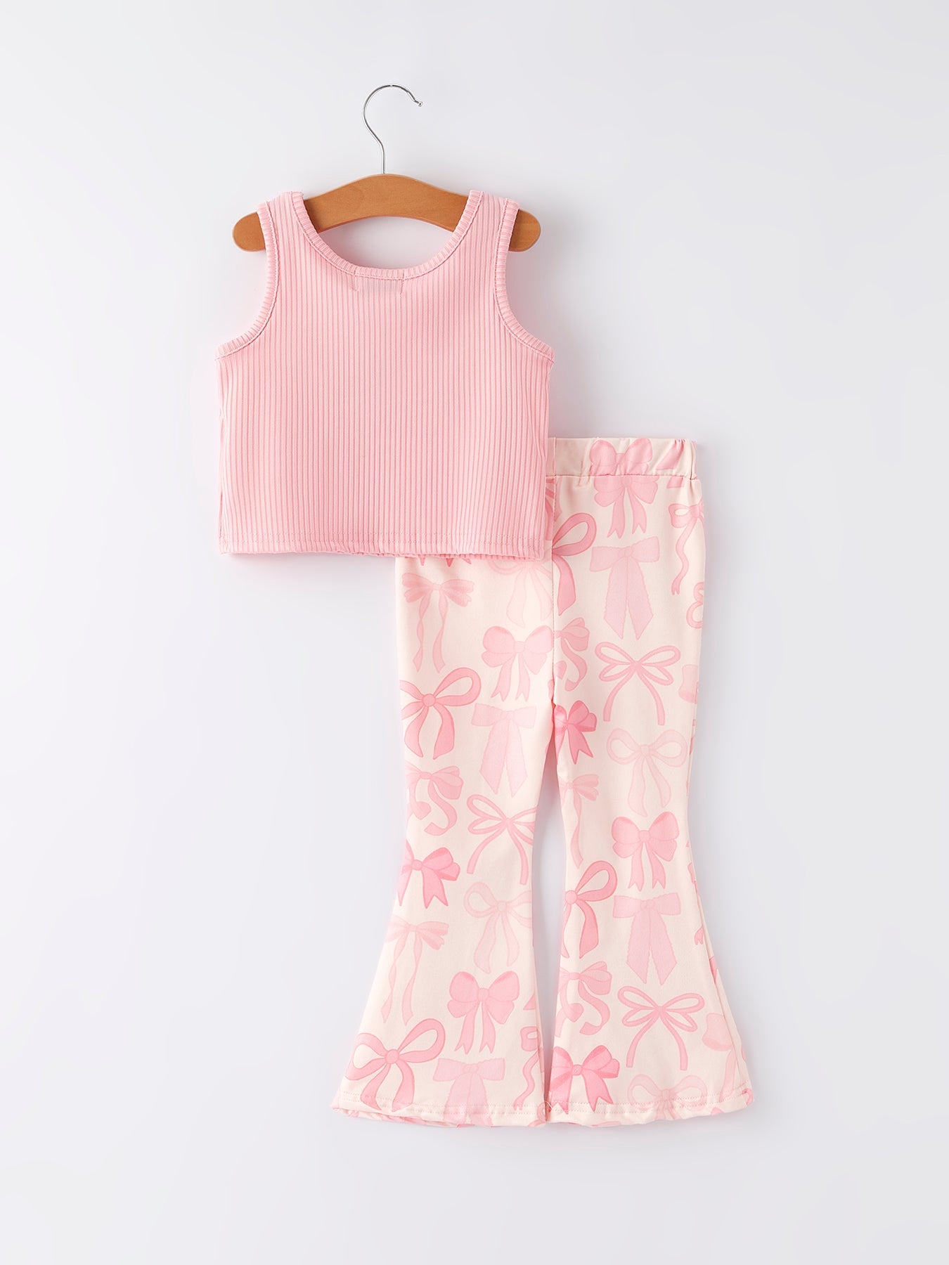 Pink Girls Top Bow Floral Print Bell Bottom Pants Set