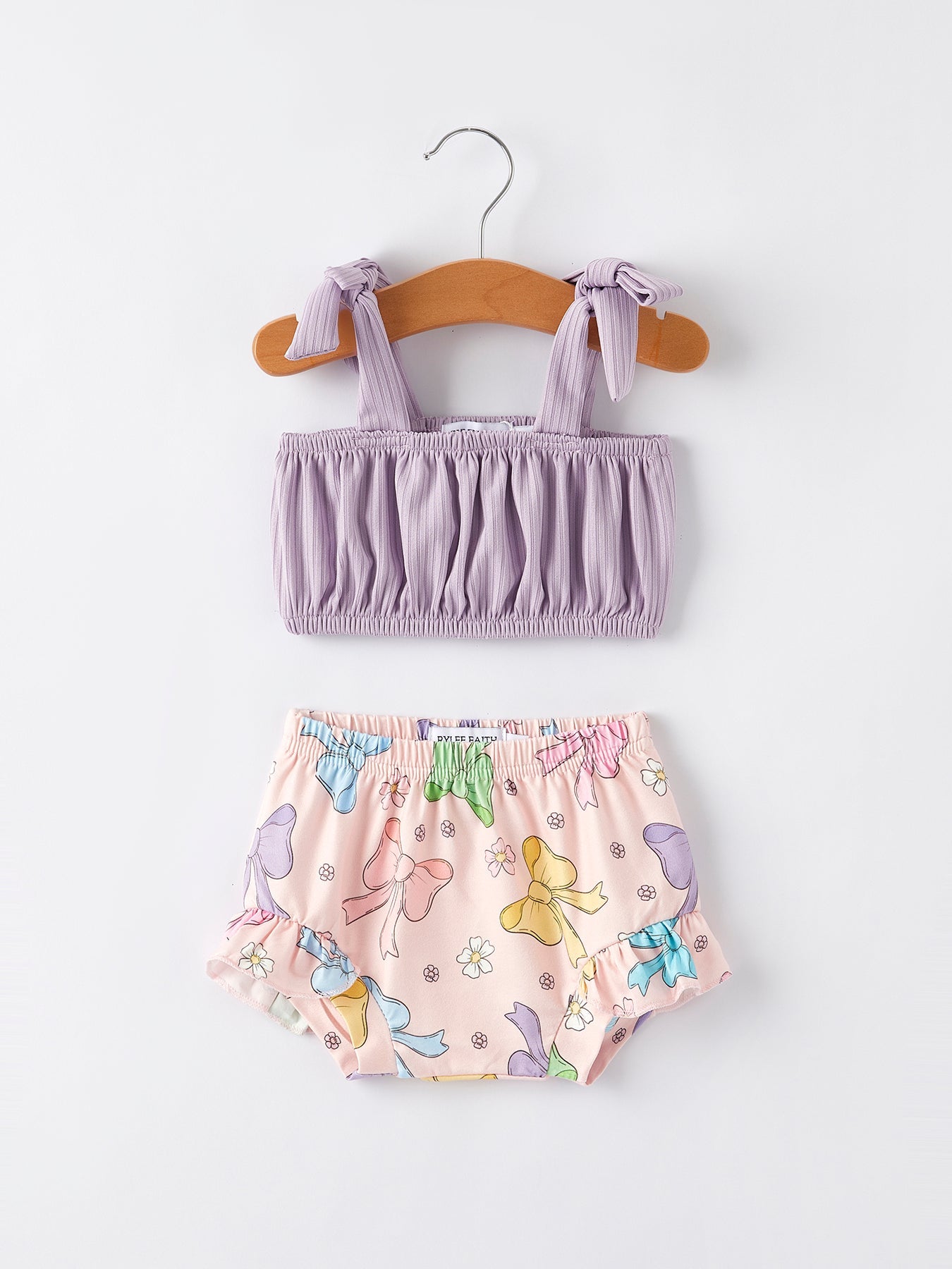 Summer Purple Bow Pleated Suspender Vest And Floral Bloomers Set