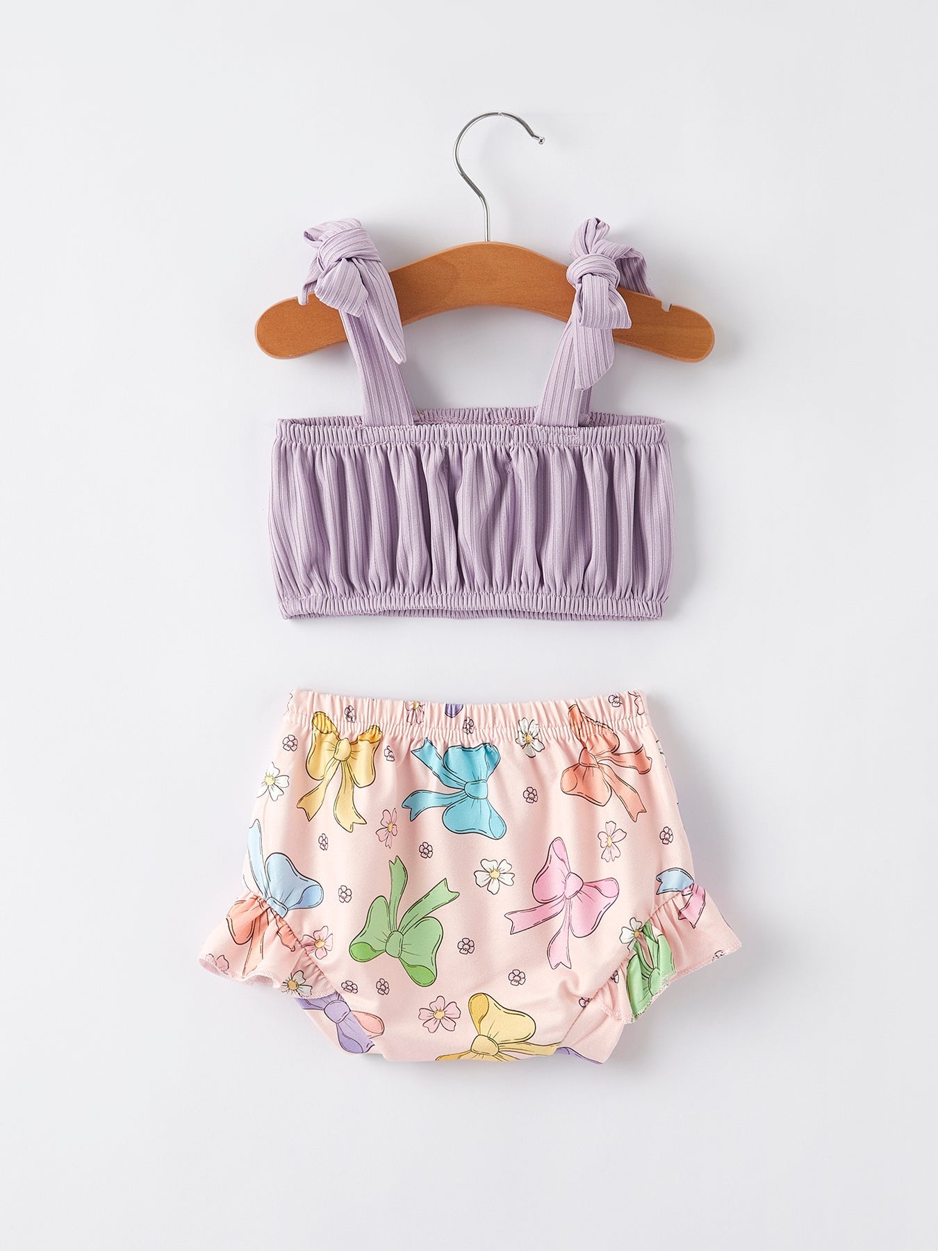 Summer Purple Bow Pleated Suspender Vest And Floral Bloomers Set