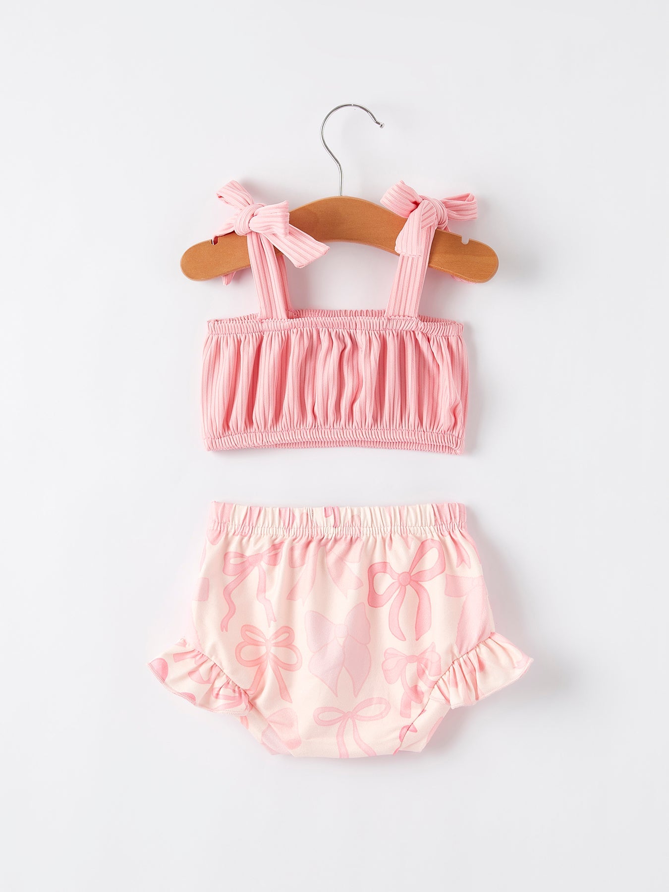 Spring Summer Pink Pleated Suspender Vest And Floral Bloomers Set