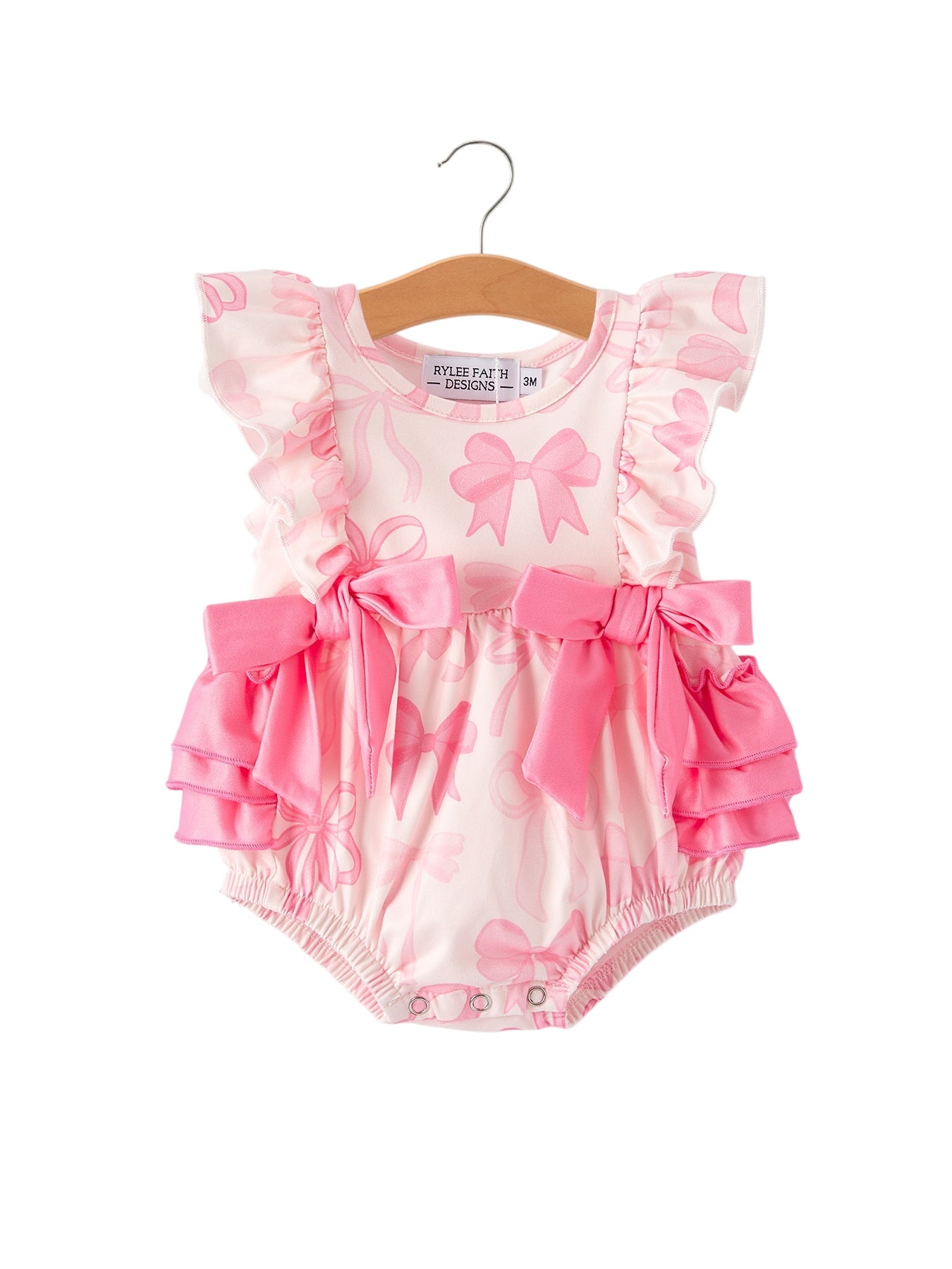 Girls Pink Bow Print Short Sleeves Romper