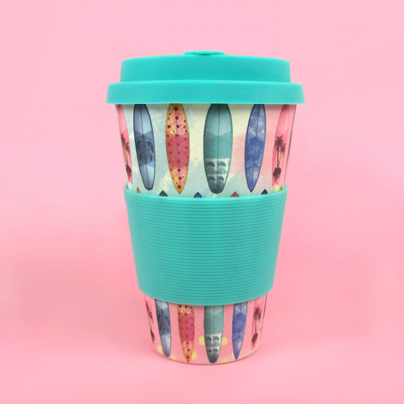 Eco-friendly Reusable Plant Fiber Travel Mug With Sunset Surfboard Design