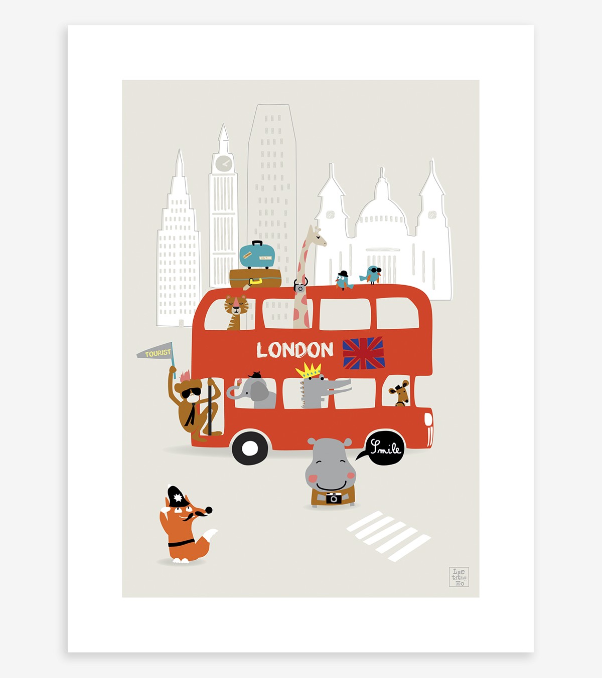 LONDON - Children's poster - London bus and animals