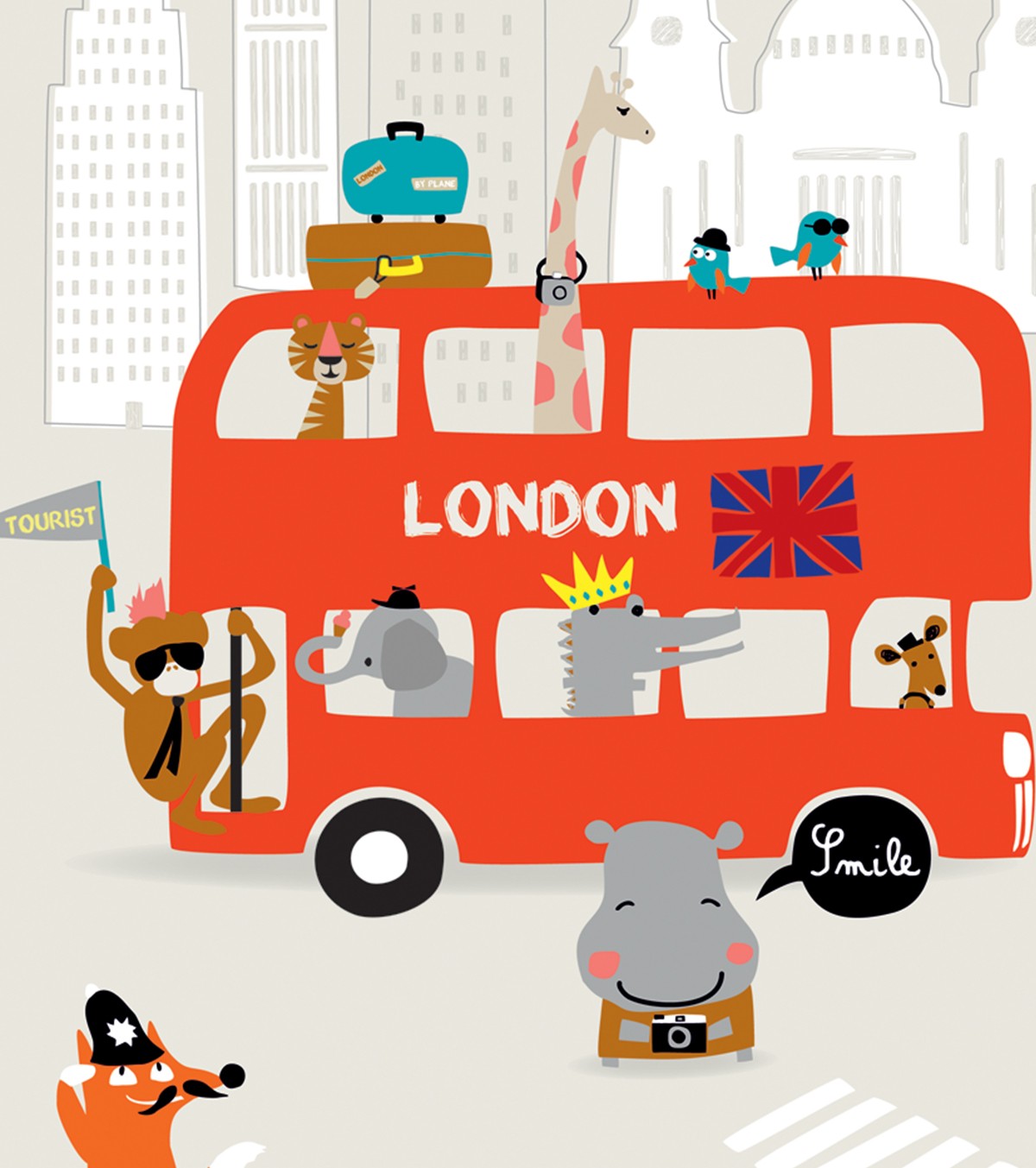 London - Children's Poster - London Bus And Animals