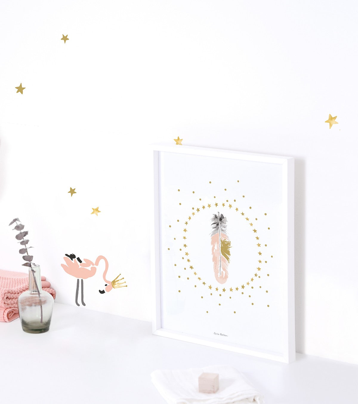 FLAMINGO - Children's poster - Feathers and stars