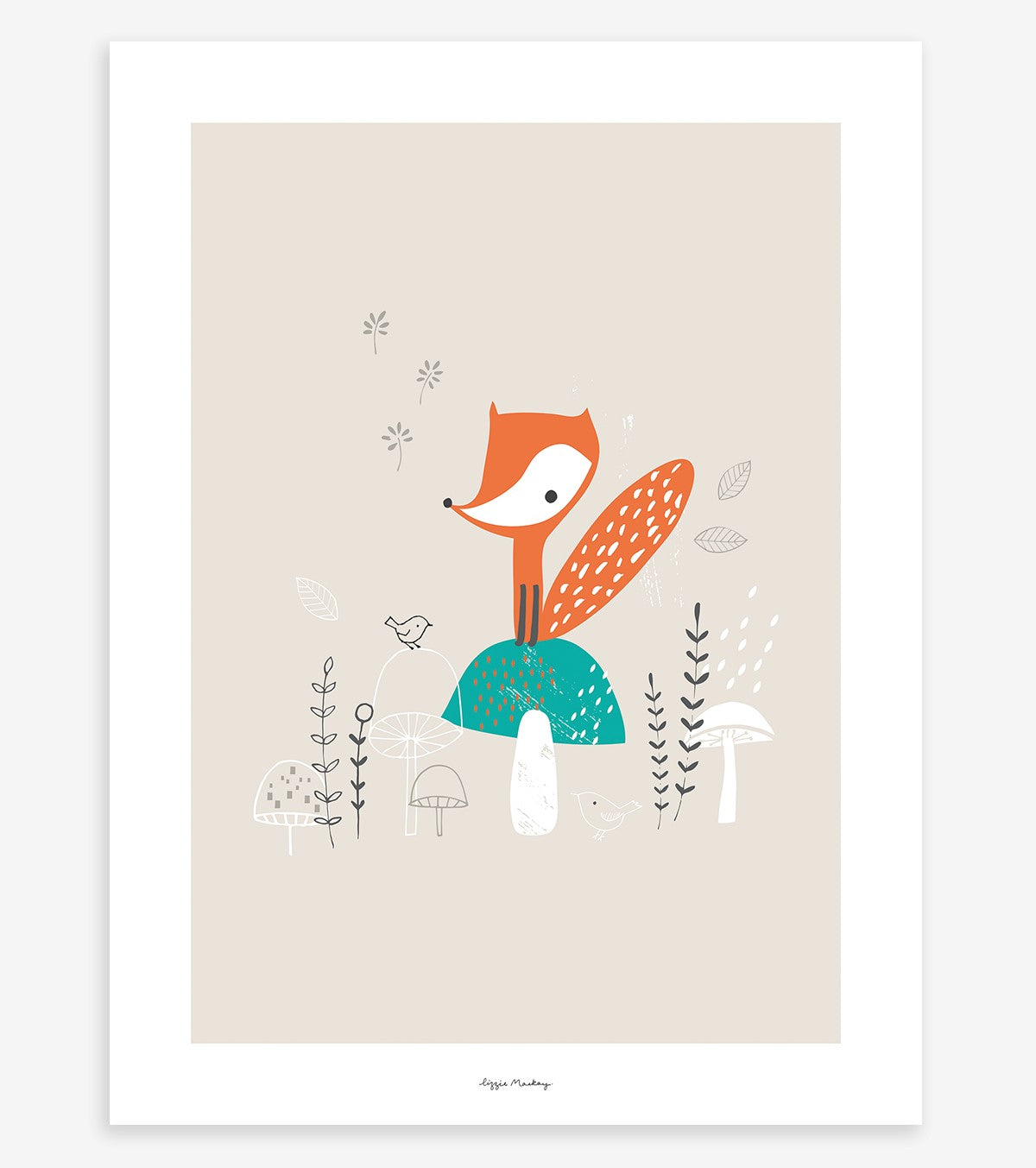 Woodland - Children's Poster - Fox And Mushrooms