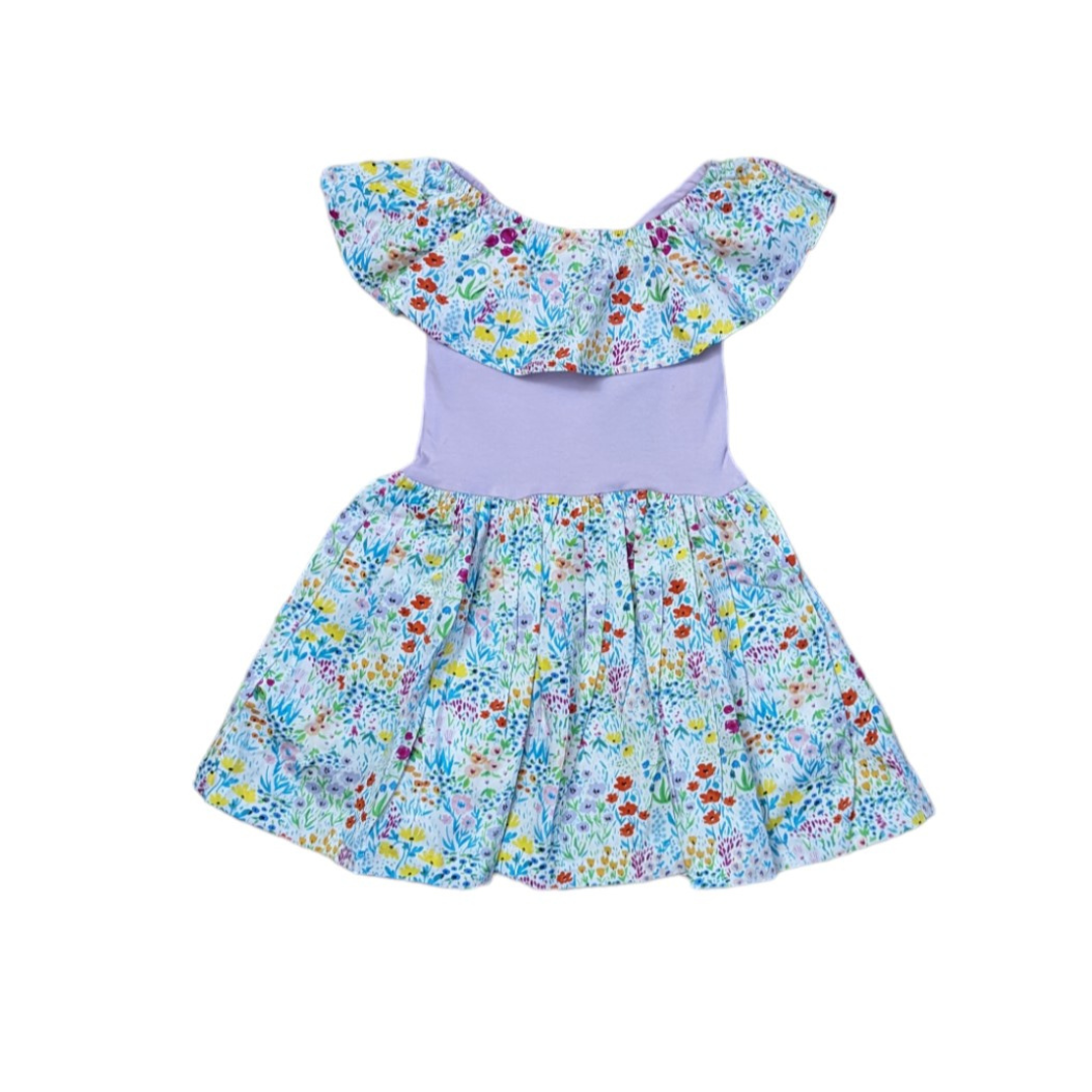 Spring Flowers Mixed Fabric Ruffle Dress