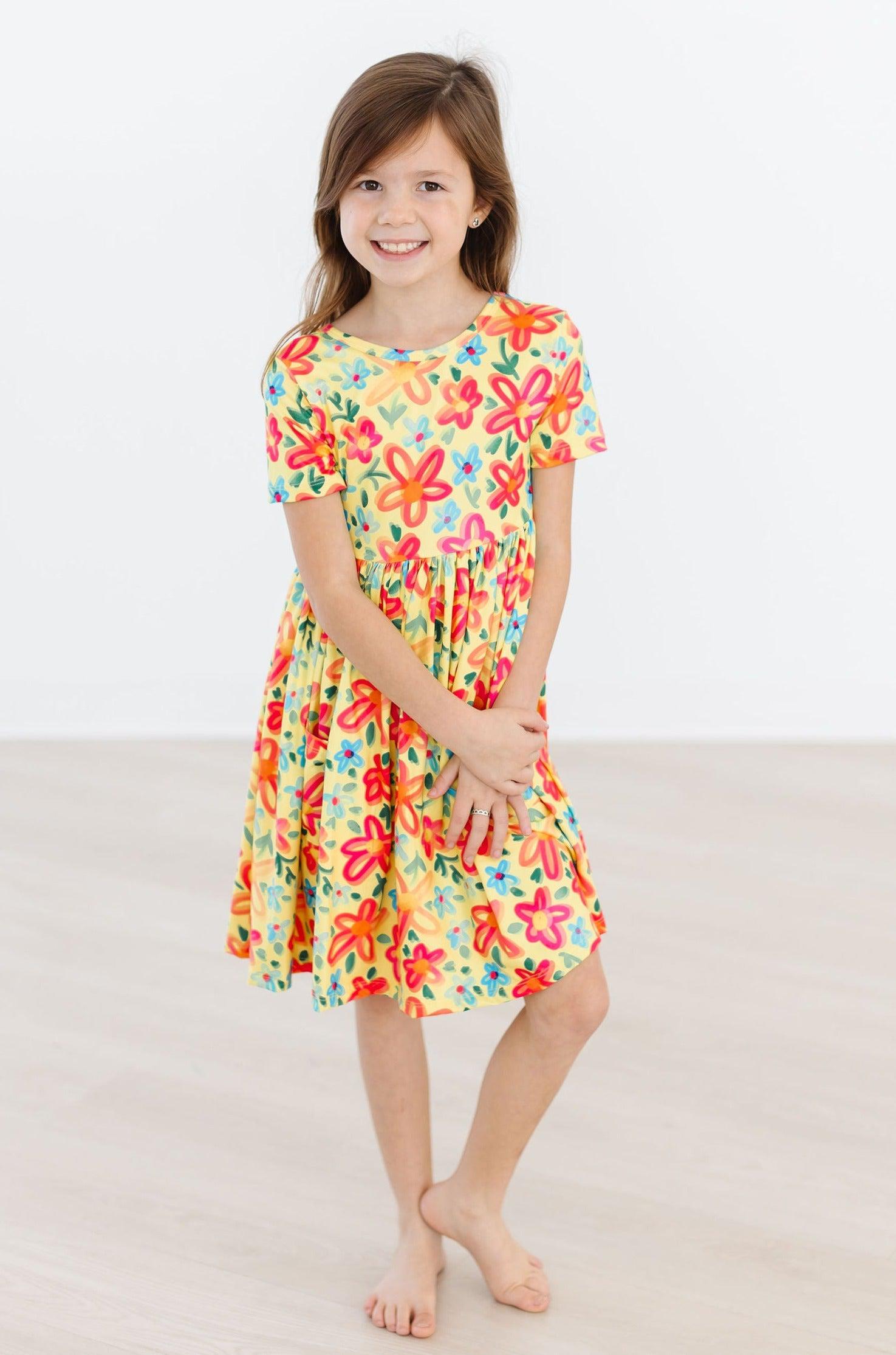 Yellow Neon Floral S/s Pocket Twirl Dress