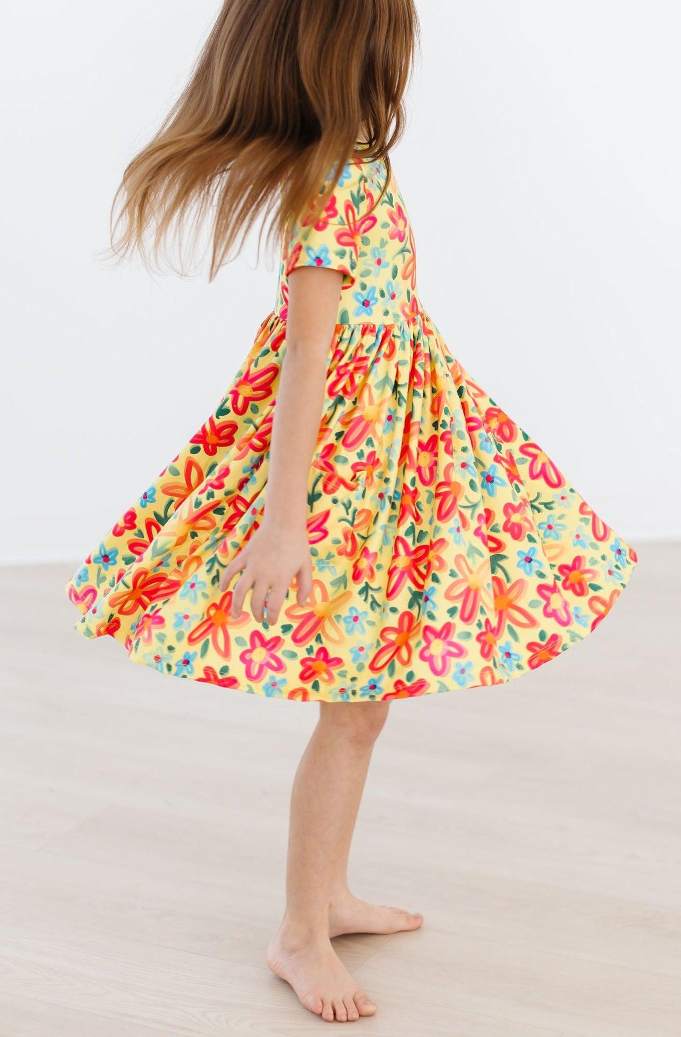 Yellow Neon Floral S/s Pocket Twirl Dress