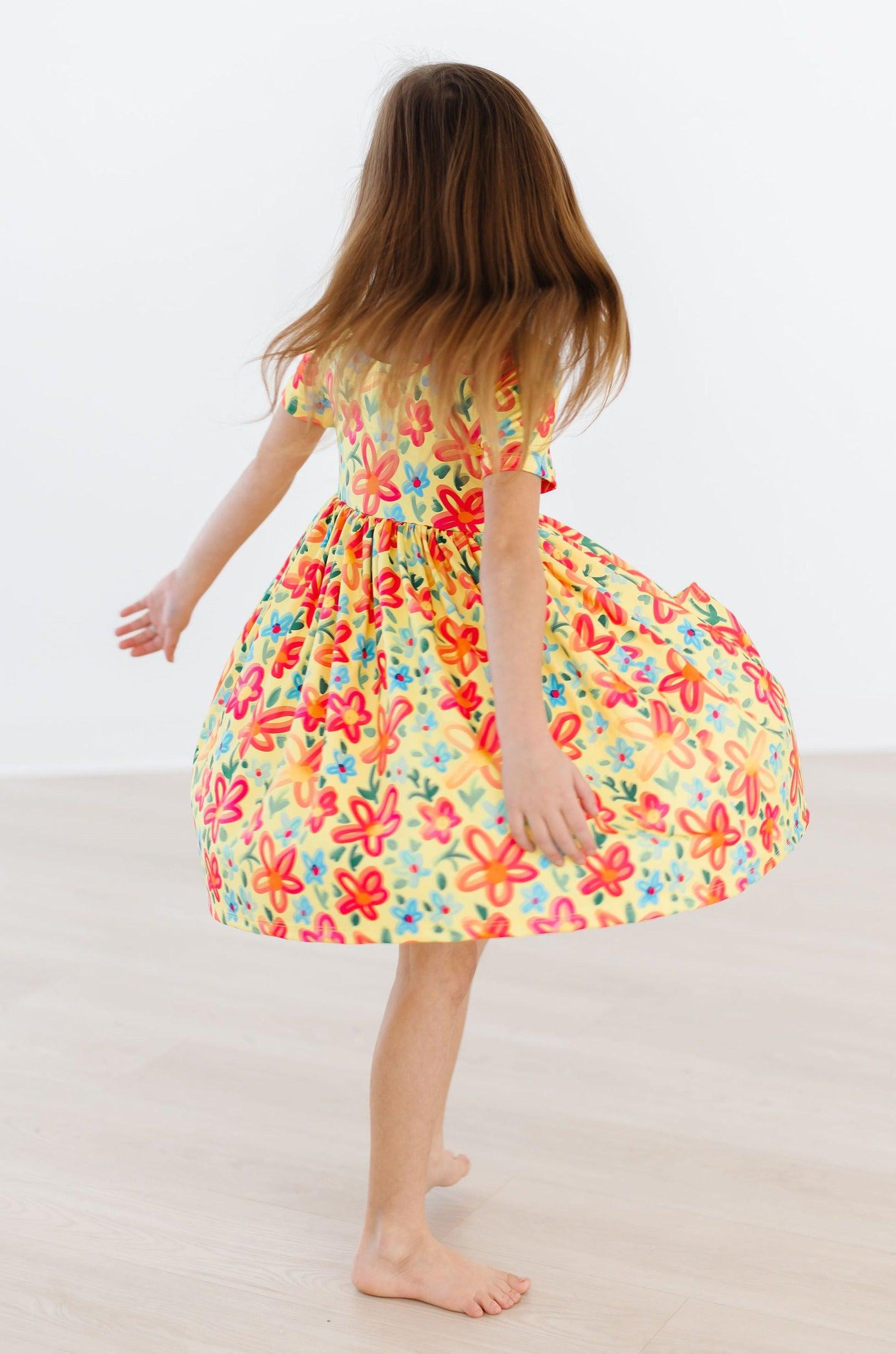 Yellow Neon Floral S/s Pocket Twirl Dress