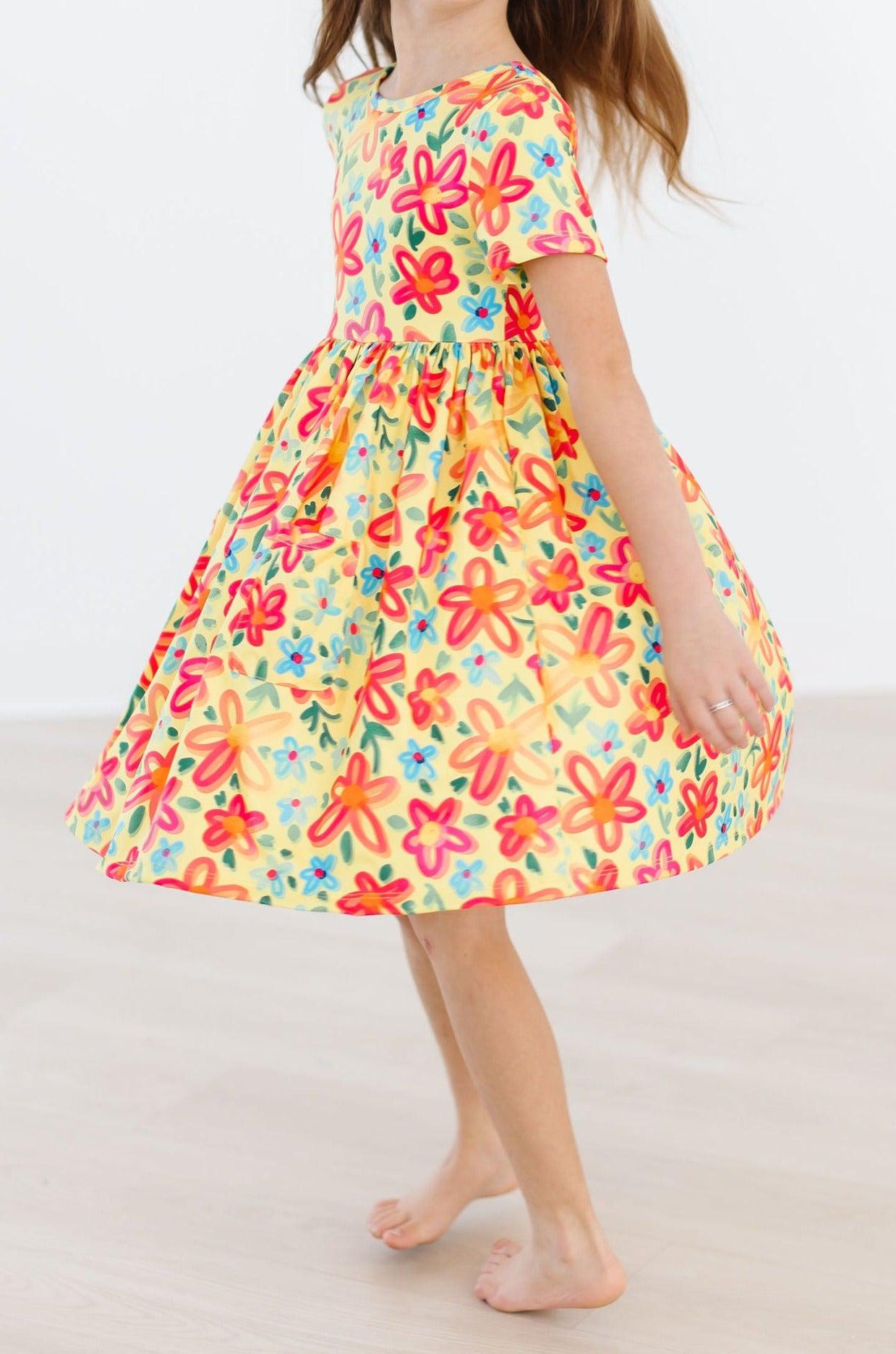 Yellow Neon Floral S/s Pocket Twirl Dress