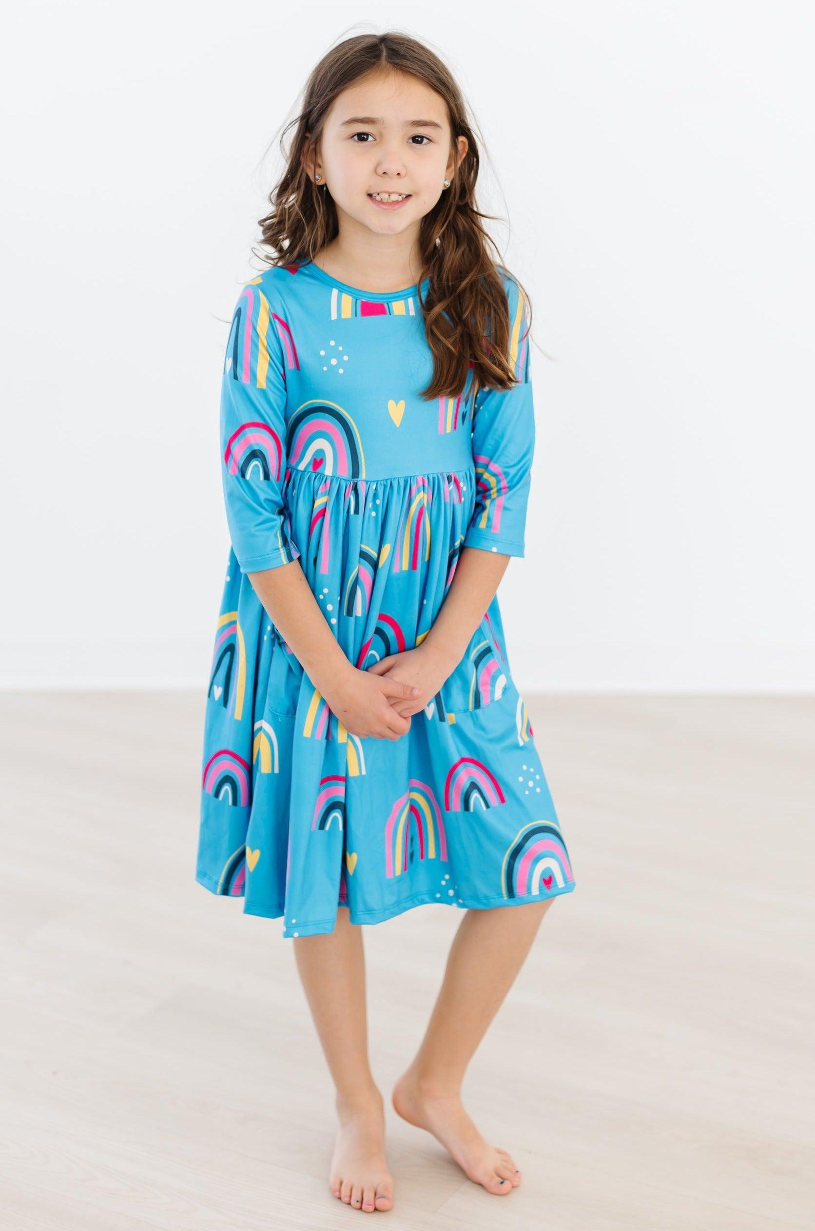 Turquoise Twilight 3/4 Sleeve Pocket Twirl Dress