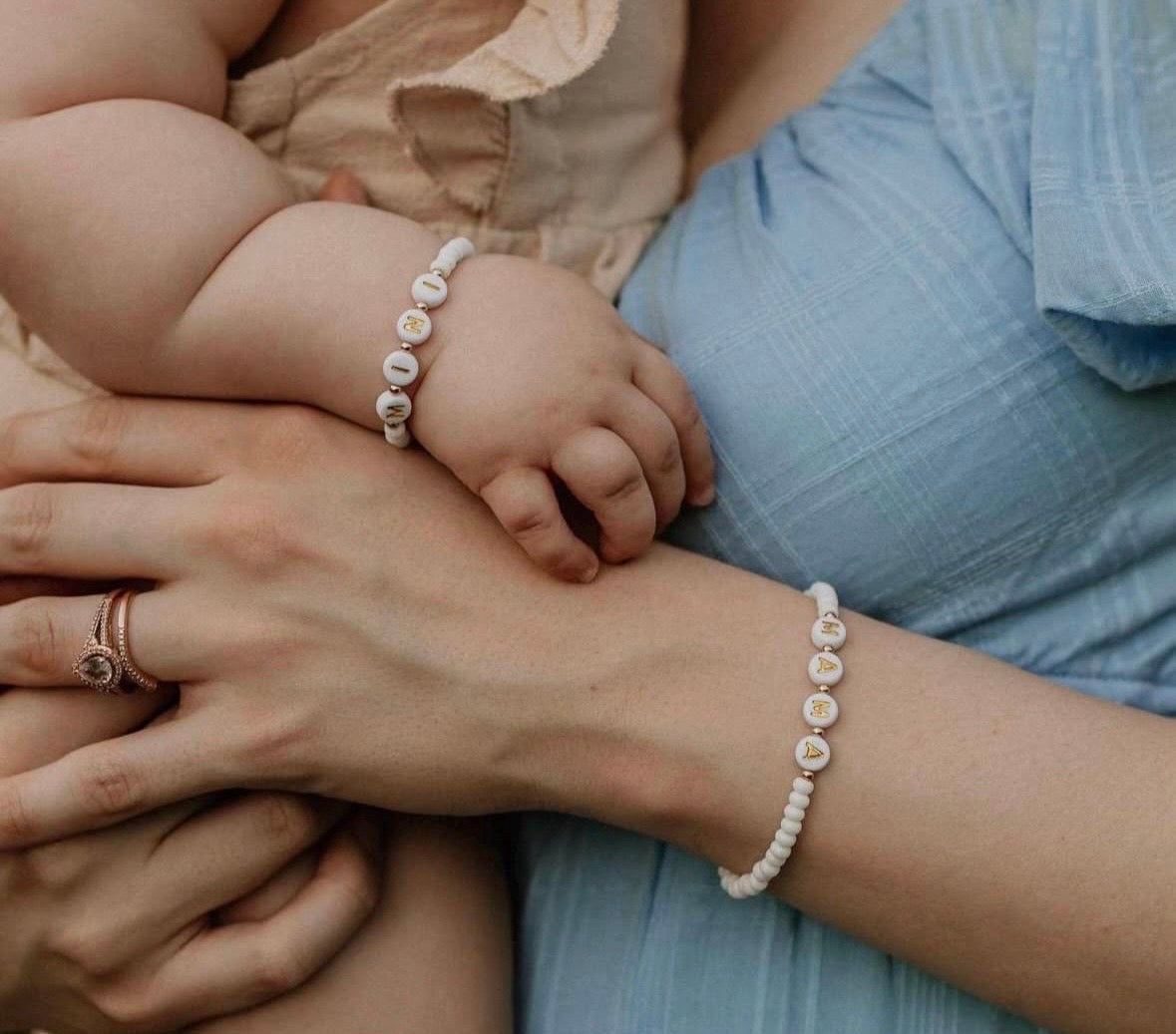 Mama And Mini White Name Bracelet Set – Custom, Gold-filled & Hypoallergenic