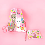 Llamas Drawstring Backpack With Wristlet 2 Piece Set Travel Gym Cheer (pink)