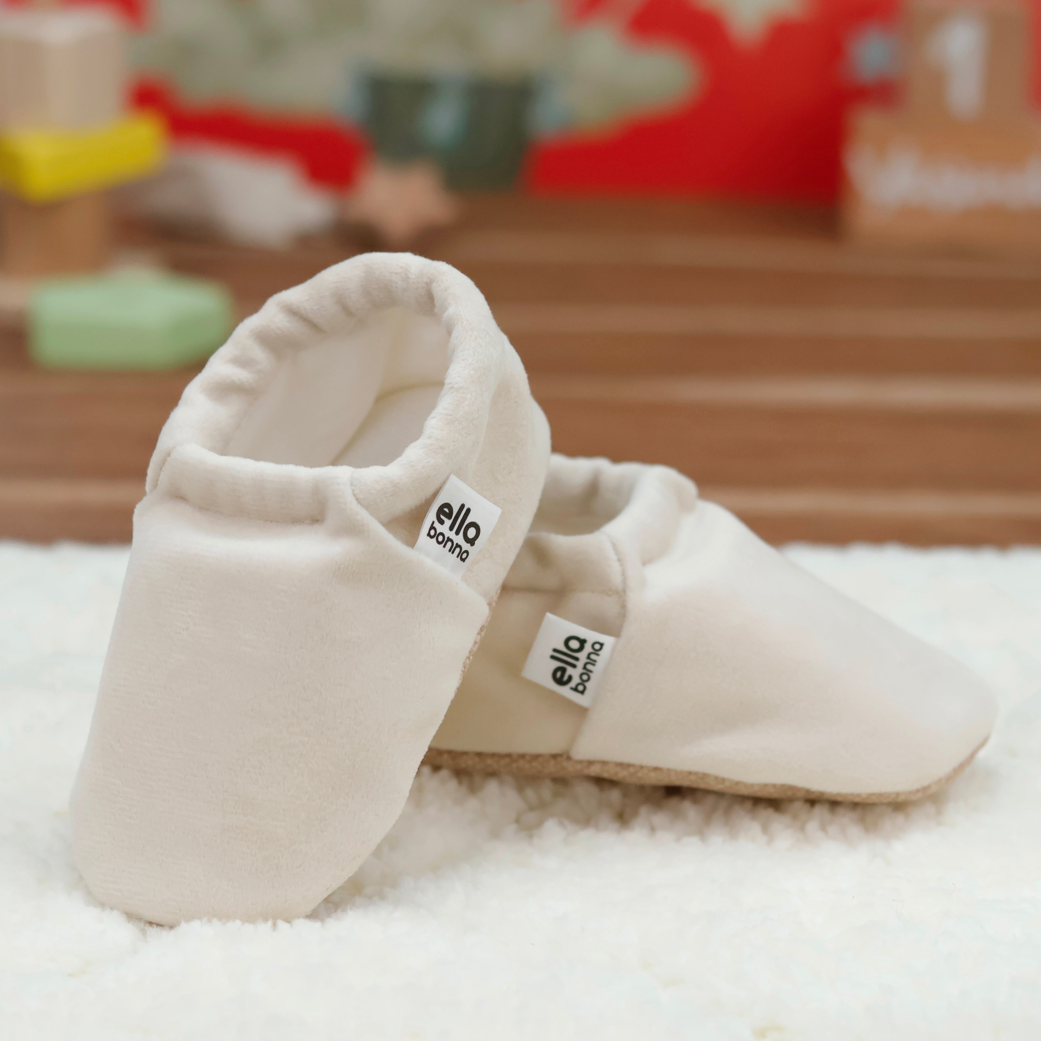 Organic Cotton Velvet Home Nursery Moccasin Shoes, Cream