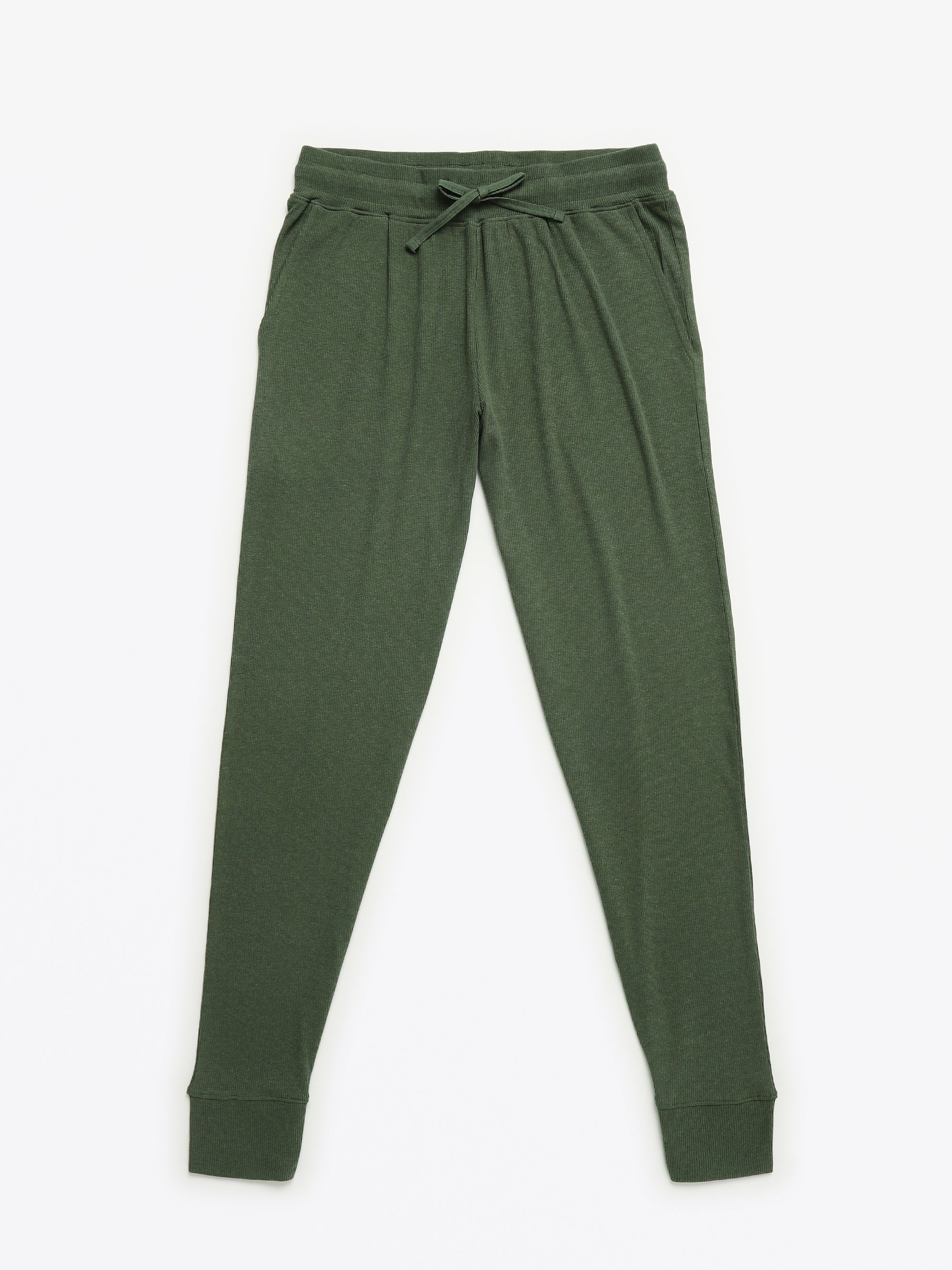 Solid Olive Womens Pj Jogger Set Ribbed Cotton-bamboo Blend