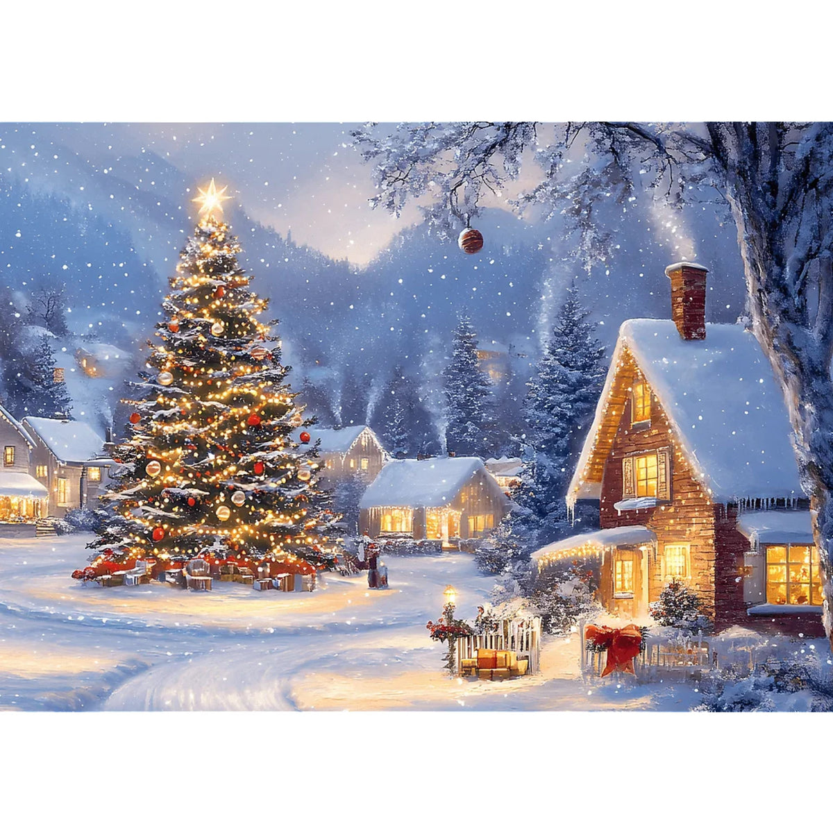 Red Seasons Greetings Peaceful Winter Night 500 Piece Puzzle