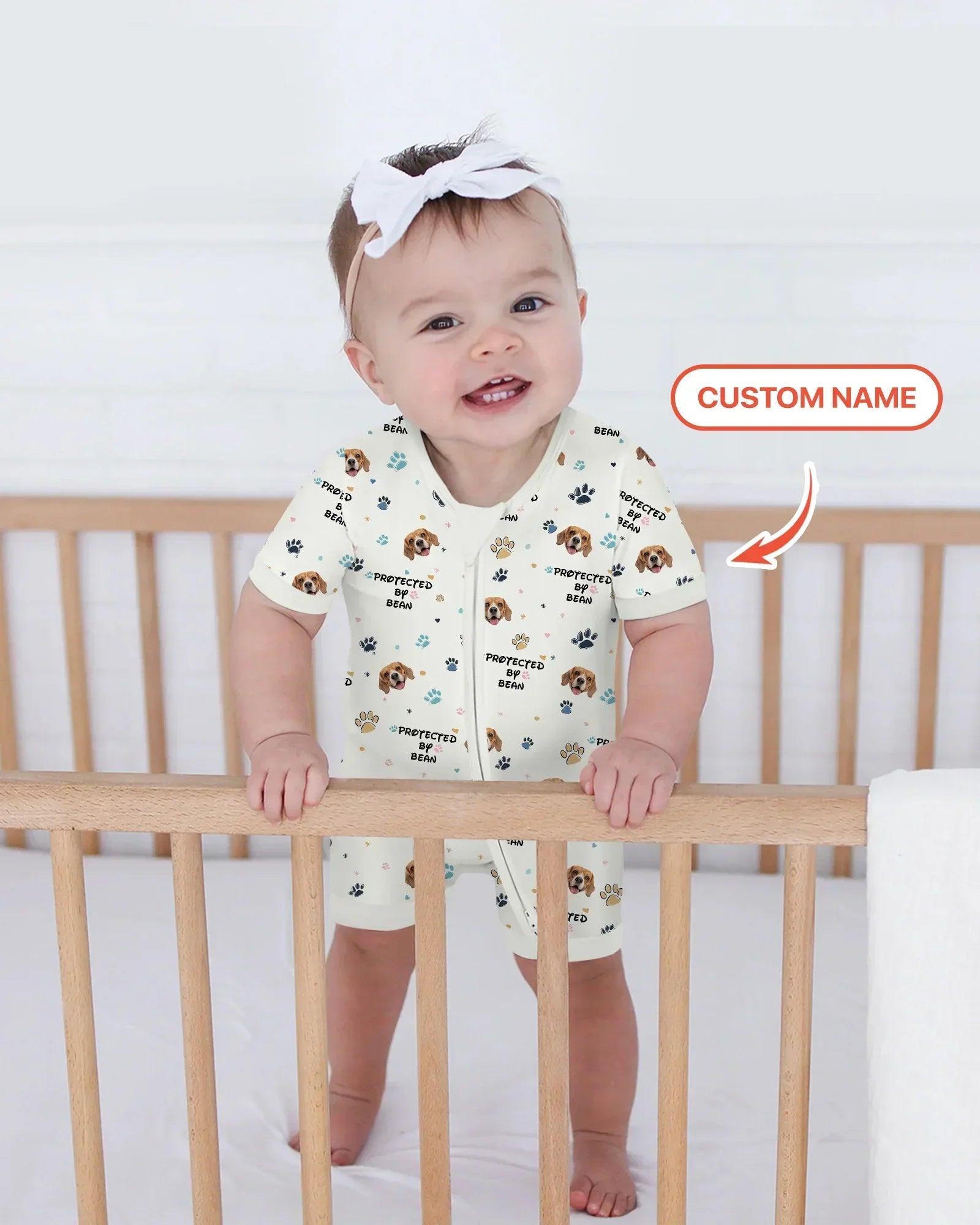 Custom Dog Photo Pattern "protected By" Bamboo Shorty Zippered Romper