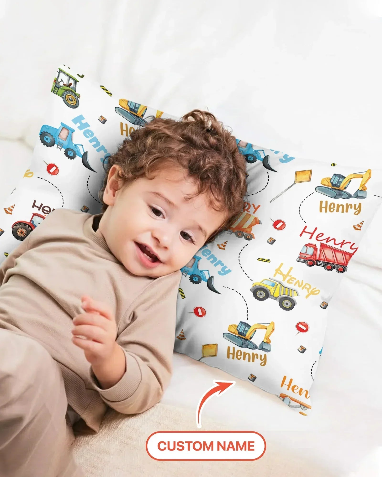 Construction Vehicles Custom Name Bamboo Pillow Case