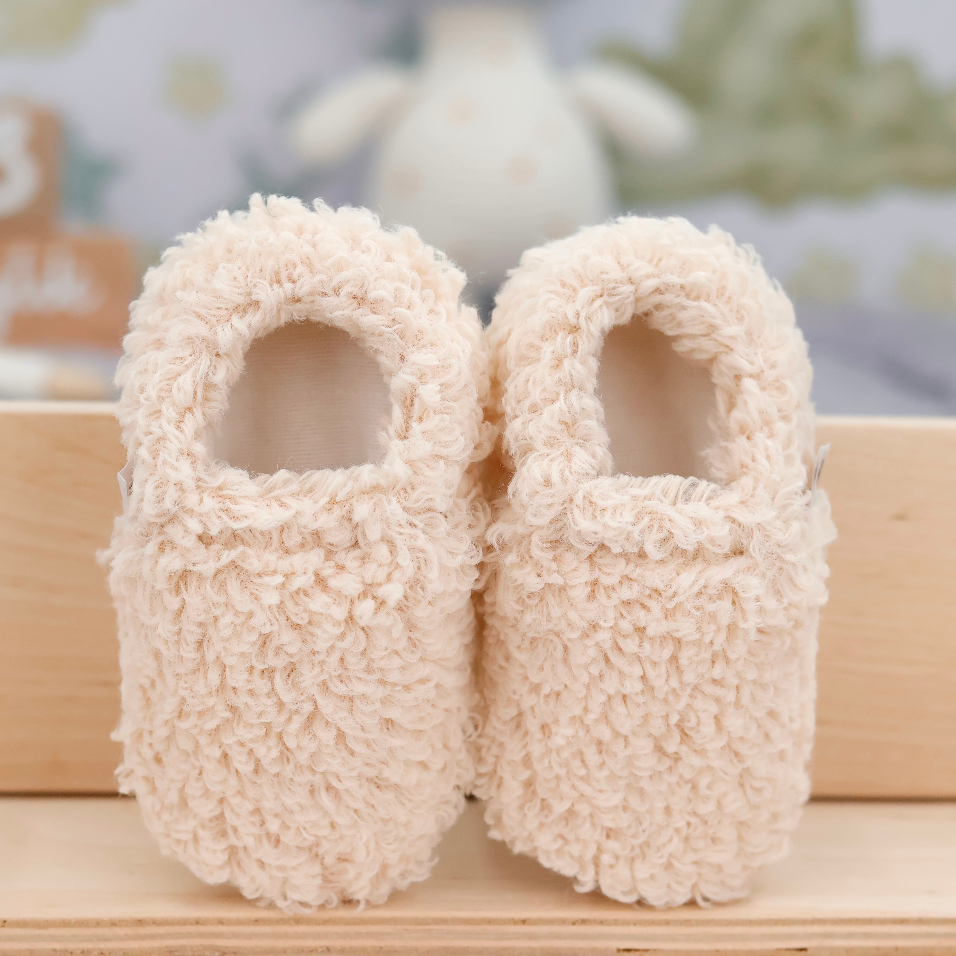 Teddy Baby Booties House Slippers, Non-slip Sole, Organic Cotton Lining, Home Nursery Shoes, Beige