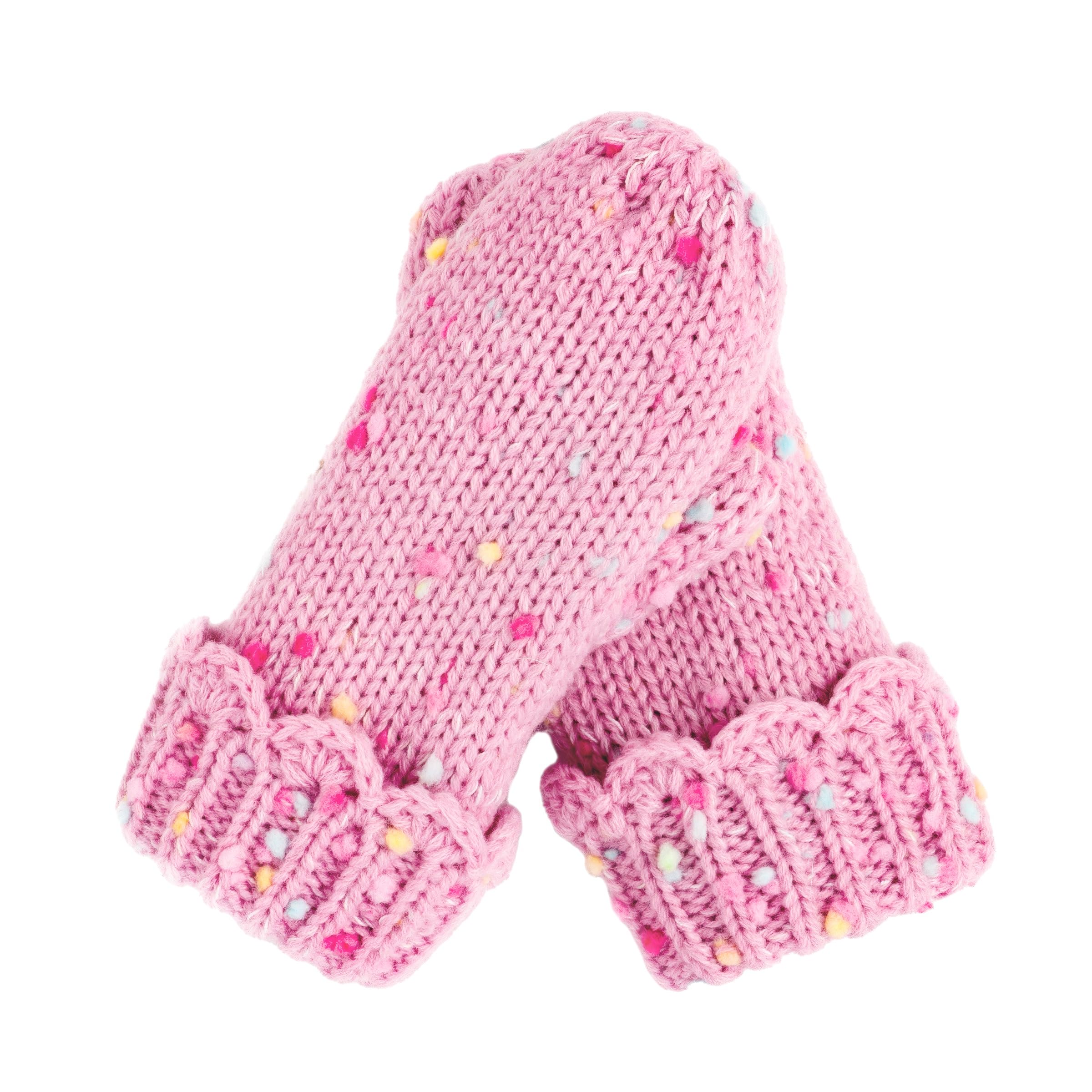 Girls Fun Speckled Knit Mittens With Scalloped Lace Cuff, For Kids All Ages 1-12 Years, Fleece-lined