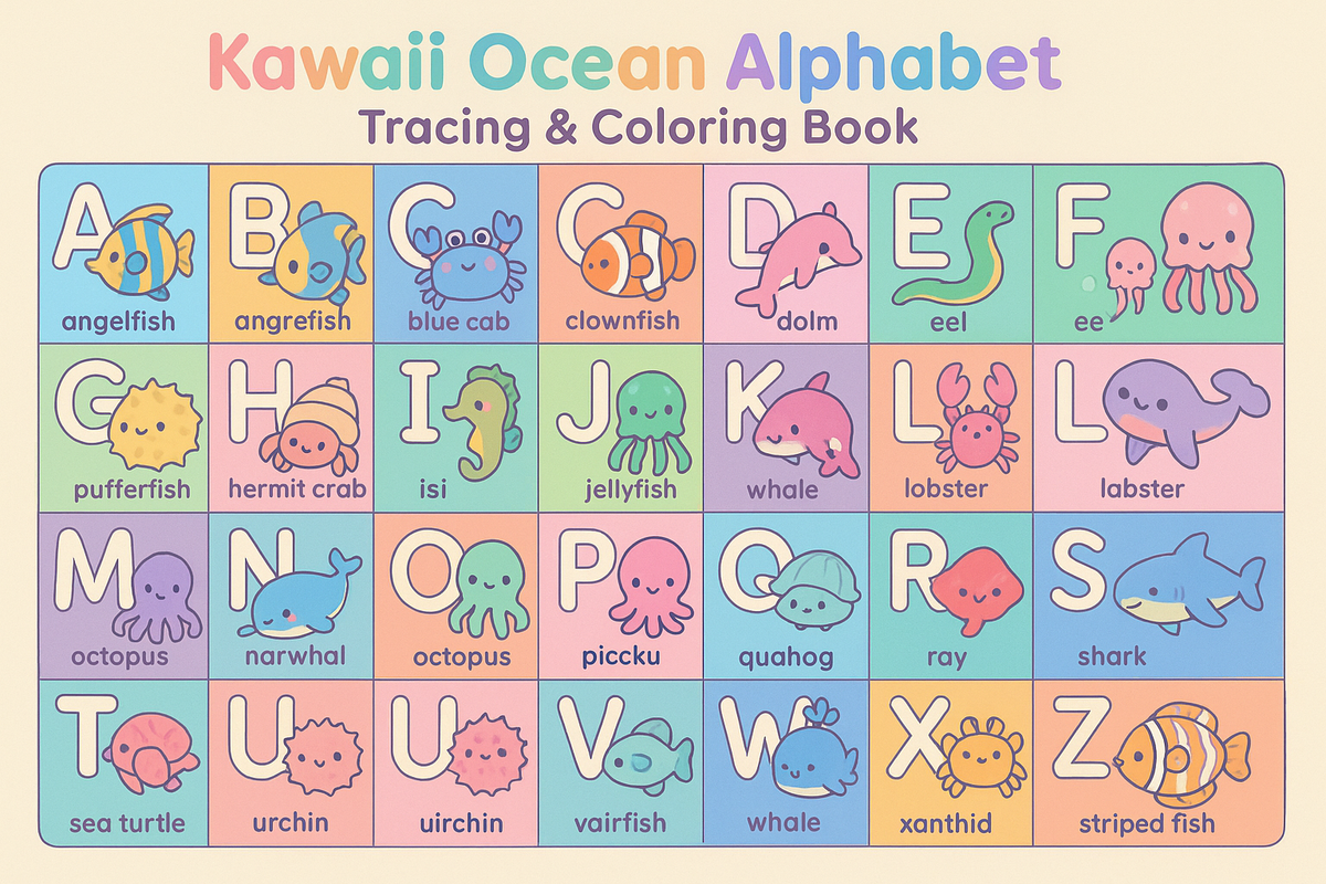 Kawaii Ocean Alphabet Tracing & Coloring Book | Digital Download Pdf