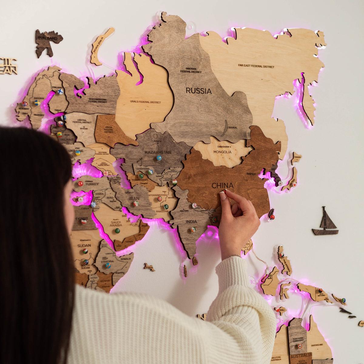 3d Led Wooden World Map 2.0 (with Acrylic Background)